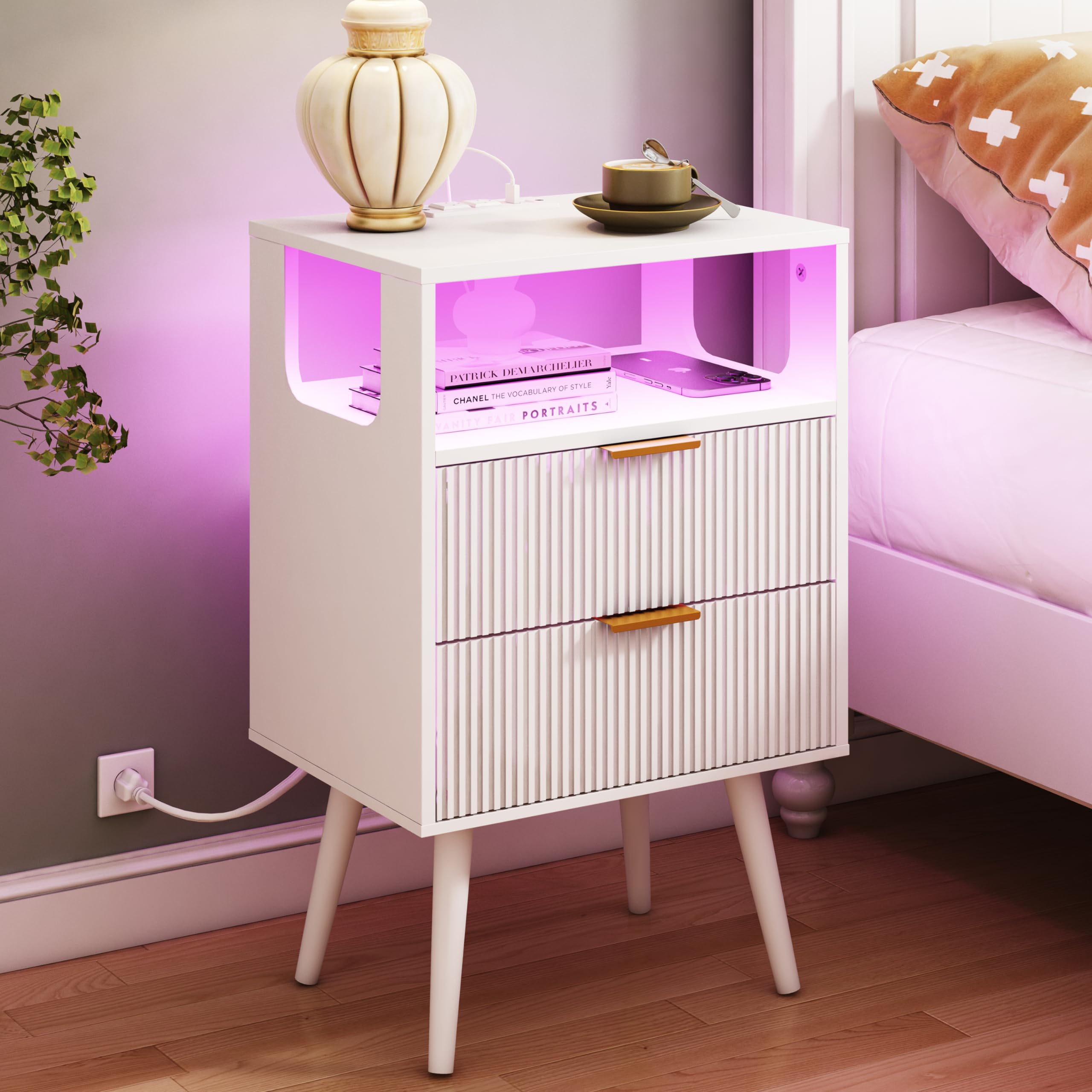 JOONEE Black Nightstand with Charging Station and LED Lights,Modern Bedside Table with 2 Storage Drawer and Open Wood Shelf, for Bedroom and Small Spaces,Night Stand with Solid Wood Legs,Black