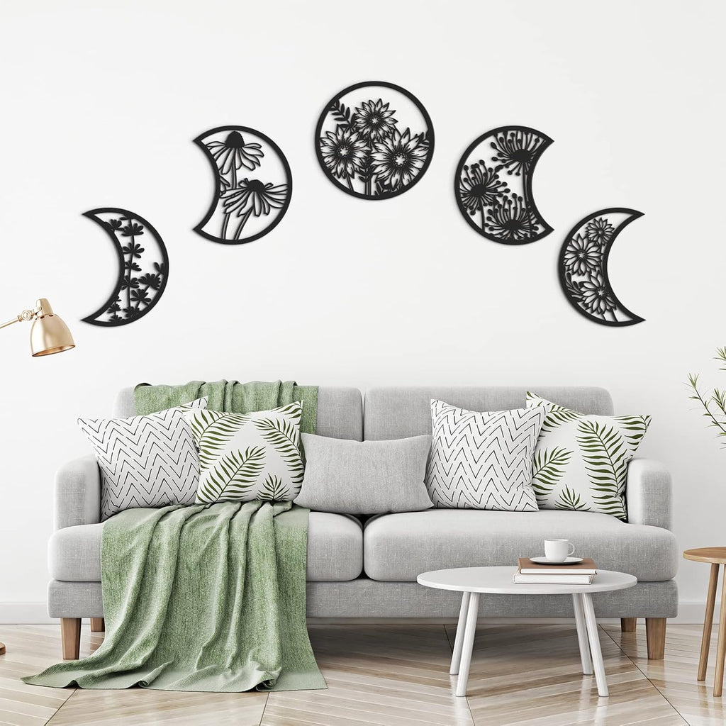 Jetec 5 Pcs Moon Phase Wall Art Decor Wall Pediments Hanging Wooden Phase Spiritual Bedroom Nordic Boho Lunar Aesthetic Art for Living Room Dorm Apartment Ornament (Black,10.6 Inch,Flower)