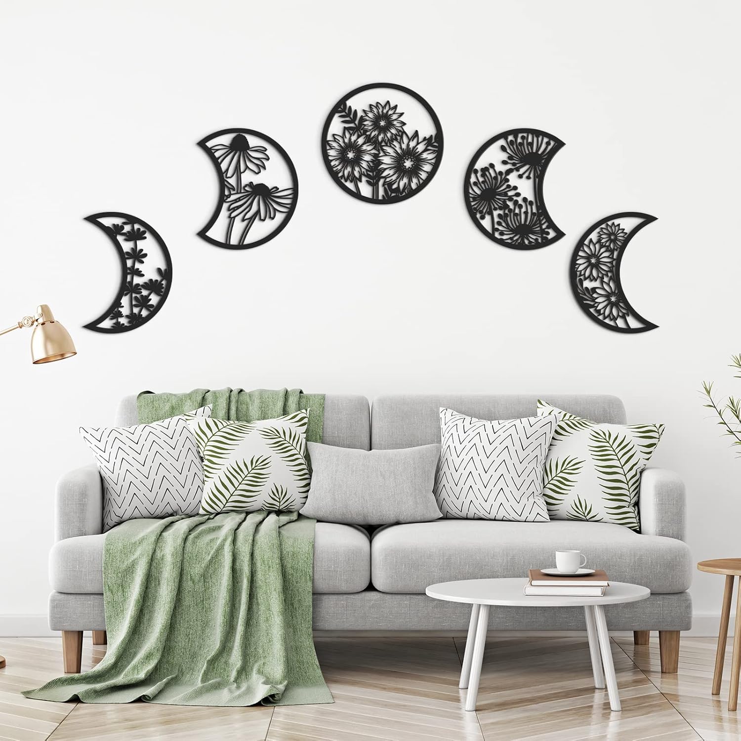 Jetec 5 Pcs Moon Phase Wall Art Decor Wall Pediments Hanging Wooden Phase Spiritual Bedroom Nordic Boho Lunar Aesthetic Art for Living Room Dorm Apartment Ornament (Black,10.6 Inch,Flower)