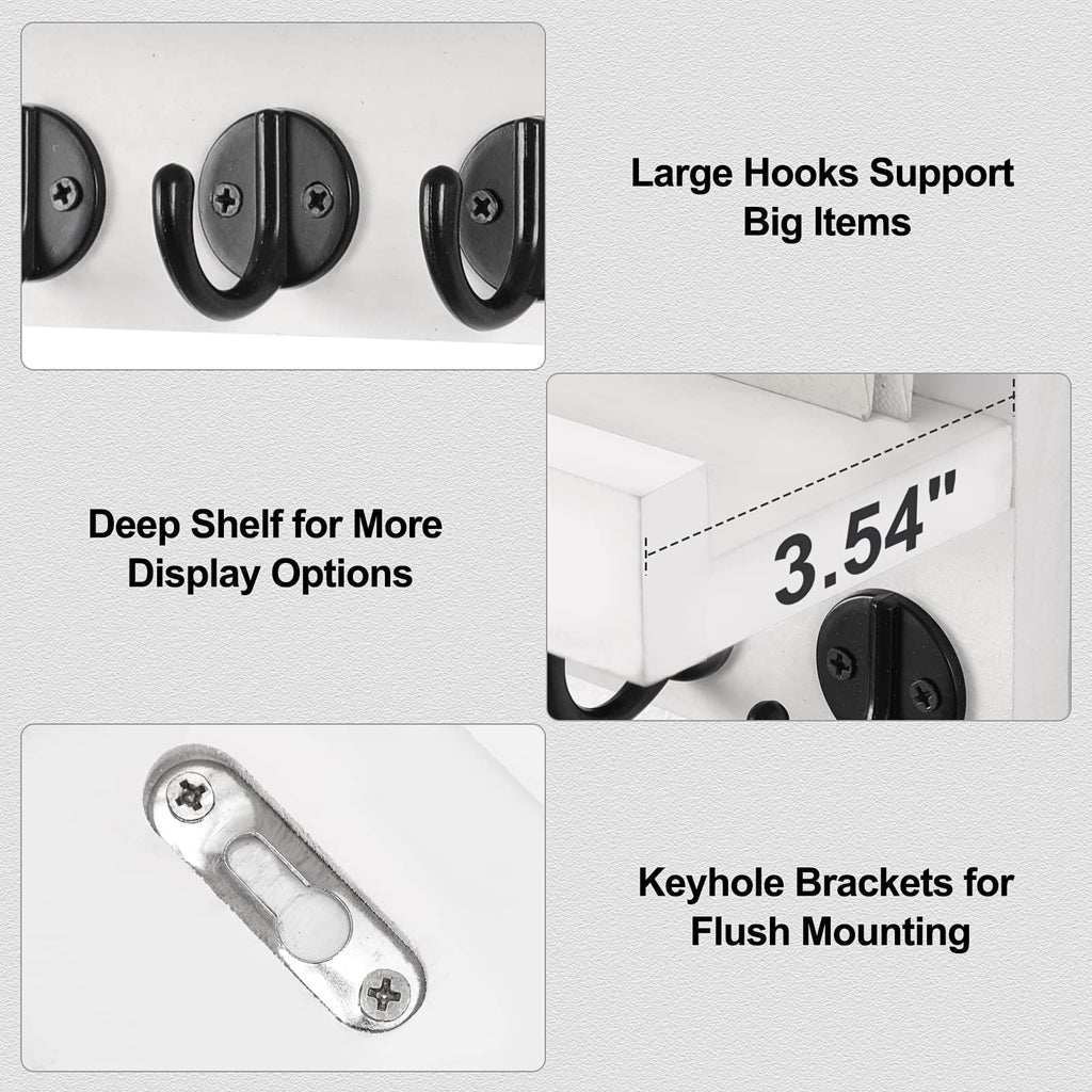Lwenki Key Holder for Wall, Decorative Key and Mail Holder with Shelf Has Large Hooks for Bags, Coats, Umbrella – Paulownia Wood Key Hanger with Mounting Hardware (9.8”W x 6.7”H x 4.2”D)