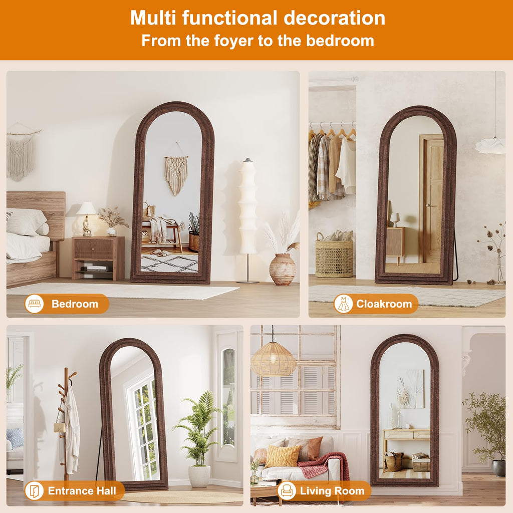 ZHUNFA Arched Full Length Mirror with Solid Wood Frame, 71x32 Farmhouse Wall Mounted Floor Mirror with Stand, Vertical Hanging, Leaning Standing for Bedroom, Living Room, Brown