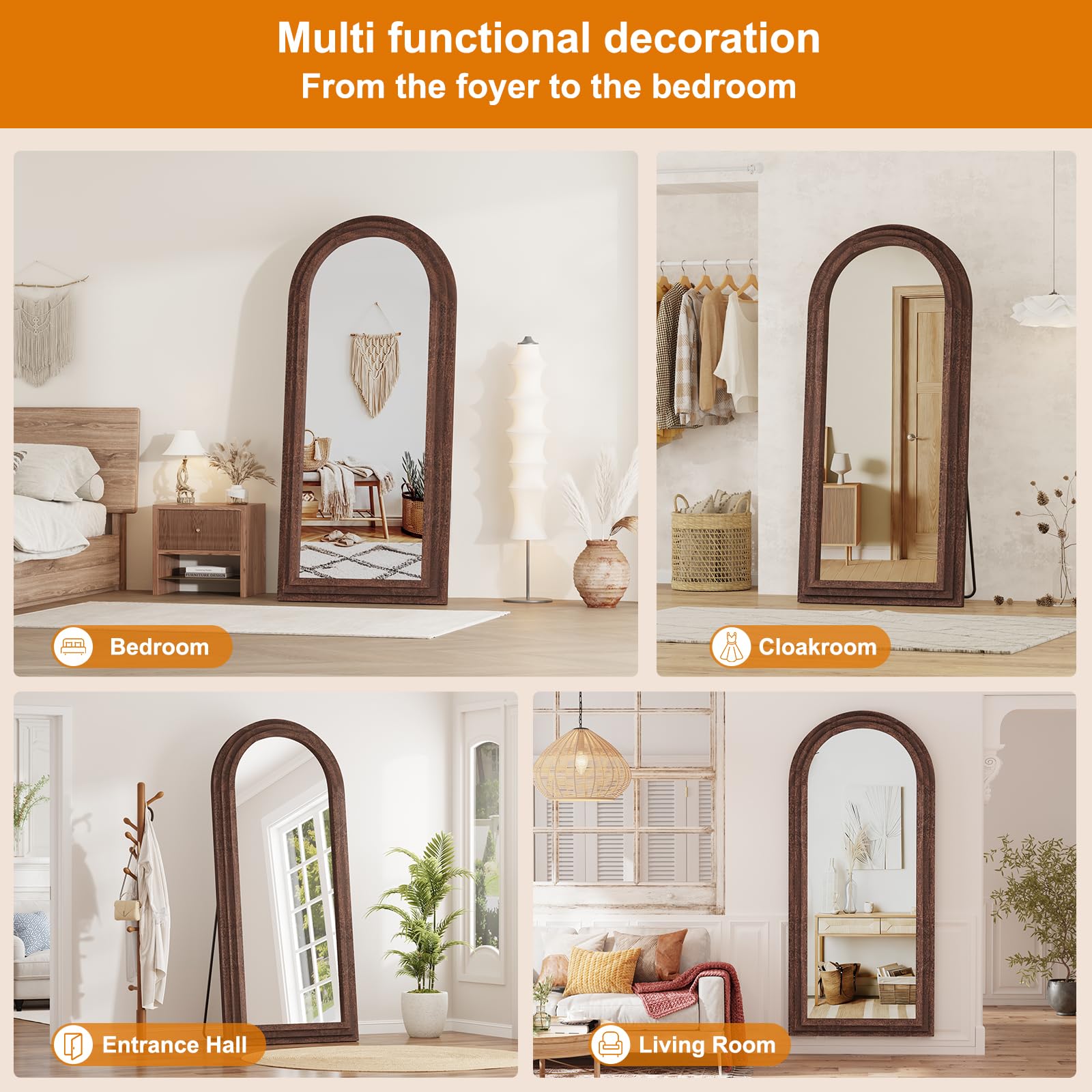 ZHUNFA Arched Full Length Mirror with Solid Wood Frame, 71x32 Farmhouse Wall Mounted Floor Mirror with Stand, Vertical Hanging, Leaning Standing for Bedroom, Living Room, Brown