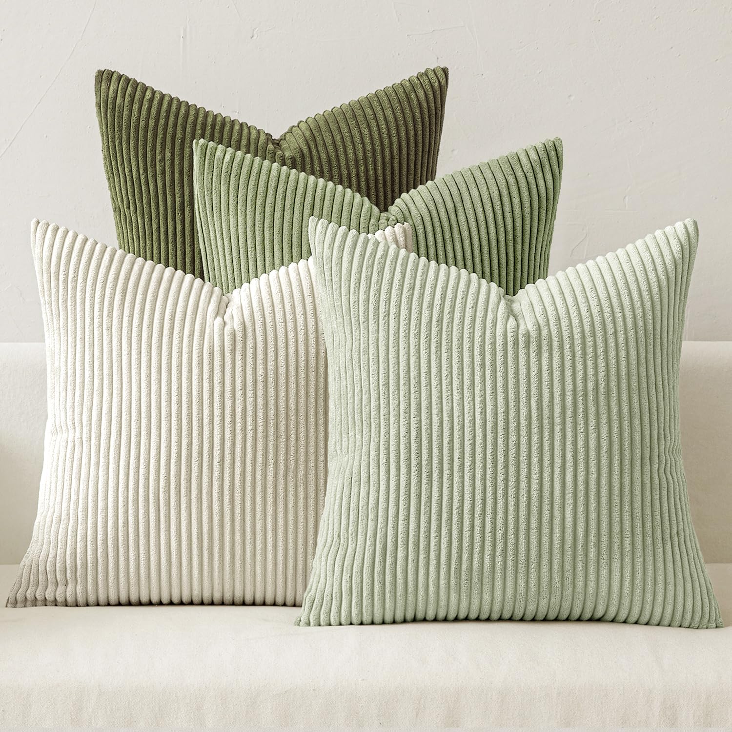 MIULEE Boho Farmhouse Sage Green Throw Pillow Covers 18x18 Inch Set of 4 Mordern Nordic Cushion Covers Soft Corduroy Spring Home Decor for Couch Bed Sofa Living Room Forest Green