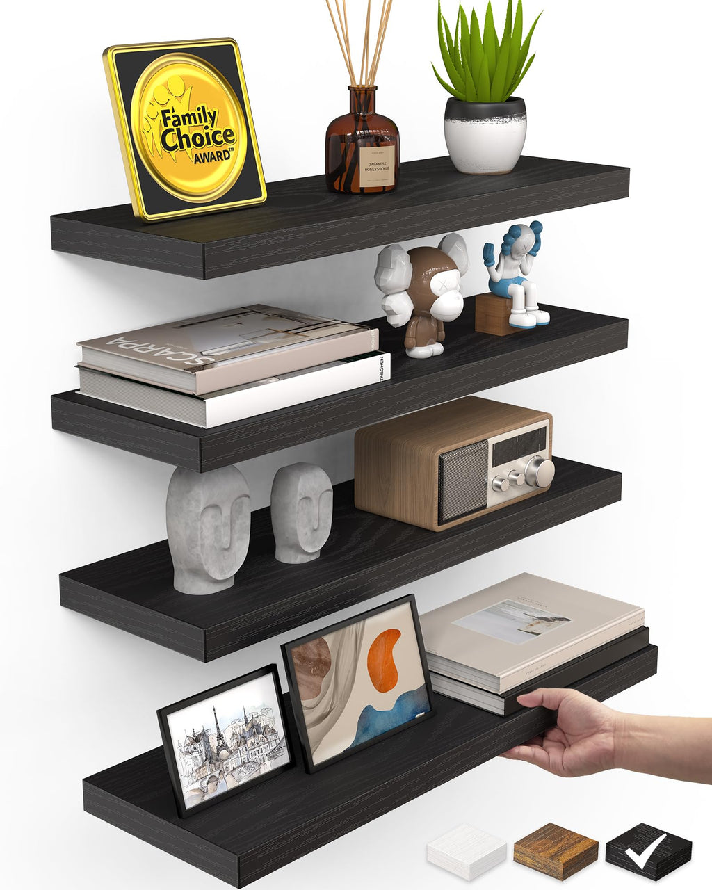 BAYKA Floating Shelves for Wall, Wall Mounted Rustic Wood Shelves for Bathroom, Bedroom, Living Room, Kitchen, Hanging Shelf for Books/Storage/Room Decor with 22lbs Capacity (Black, Set of 3, 15.7in)