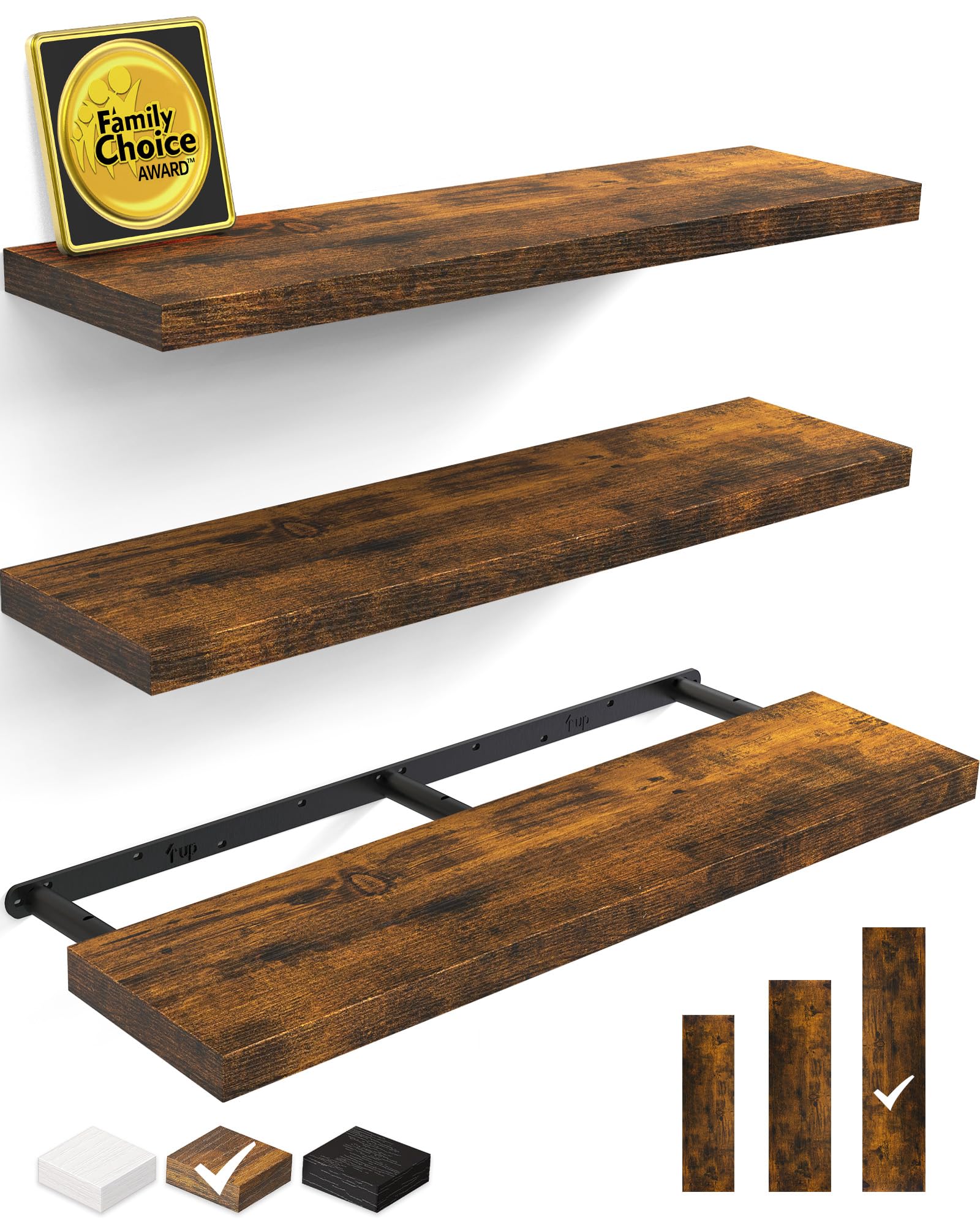 BAYKA Floating Shelves for Wall, Wall Mounted Rustic Wood Shelves for Bathroom, Bedroom, Living Room, Kitchen, Hanging Shelf for Books/Storage/Room Decor with 22lbs Capacity (Black, Set of 3, 15.7in)