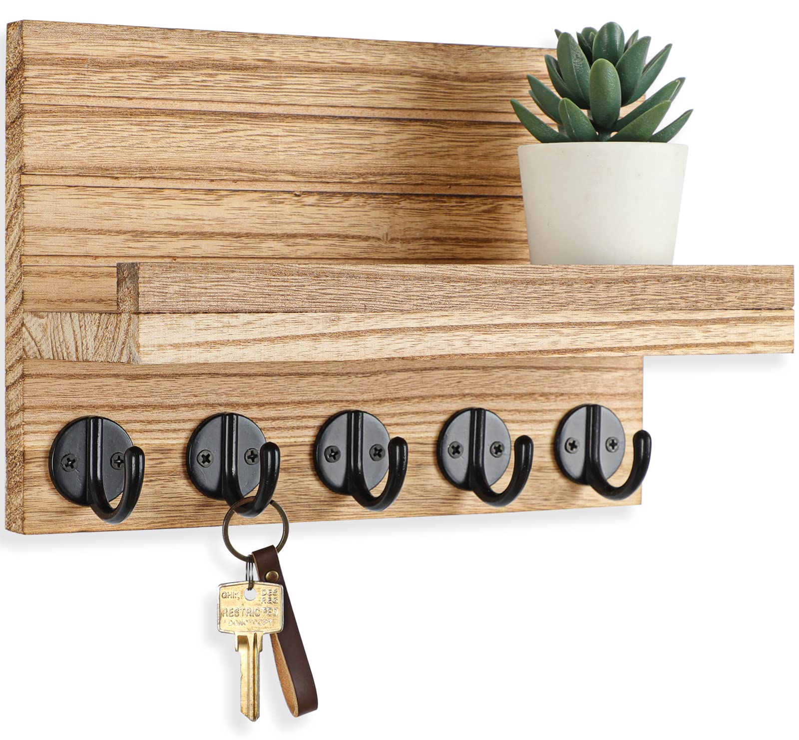Lwenki Key Holder for Wall, Decorative Key and Mail Holder with Shelf Has Large Hooks for Bags, Coats, Umbrella – Paulownia Wood Key Hanger with Mounting Hardware (9.8”W x 6.7”H x 4.2”D)