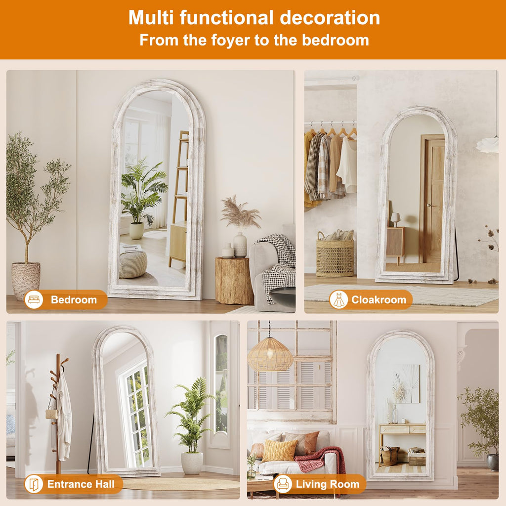ZHUNFA Arched Full Length Mirror with Solid Wood Frame, 71x32 Farmhouse Wall Mounted Floor Mirror with Stand, Vertical Hanging, Leaning Standing for Bedroom, Living Room, Brown