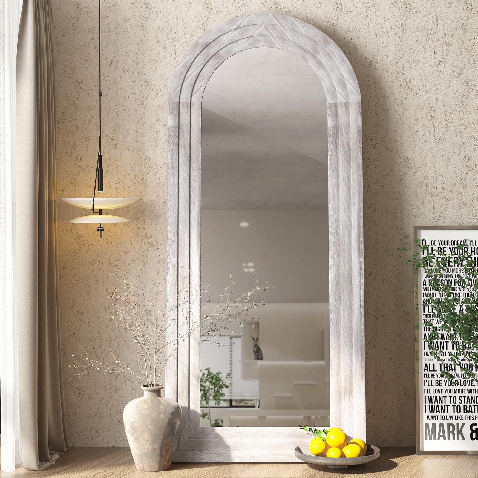 ZHUNFA Arched Full Length Mirror with Solid Wood Frame, 71x32 Farmhouse Wall Mounted Floor Mirror with Stand, Vertical Hanging, Leaning Standing for Bedroom, Living Room, Brown
