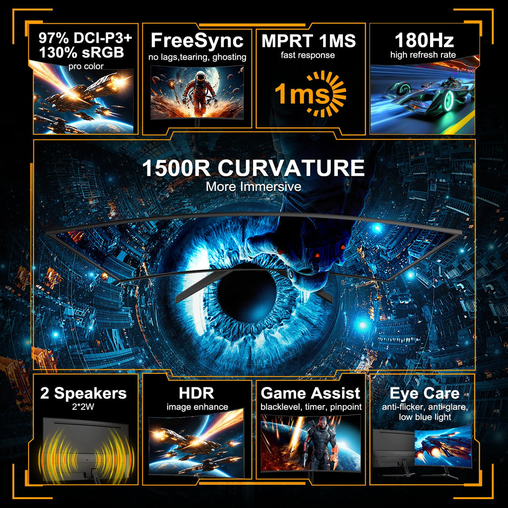 SANSUI 27 Inch Curved 240Hz Gaming Monitor FHD 1080P, 1500R Curve Computer Monitor, 130% sRGB, 4000:1 Contrast, HDR, FreeSync, MPRT 1Ms, Low Blue Light, HDMI DP Ports, Metal Stand, DP Cable Incl.