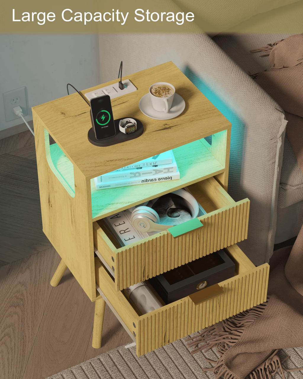 JOONEE Black Nightstand with Charging Station and LED Lights,Modern Bedside Table with 2 Storage Drawer and Open Wood Shelf, for Bedroom and Small Spaces,Night Stand with Solid Wood Legs,Black