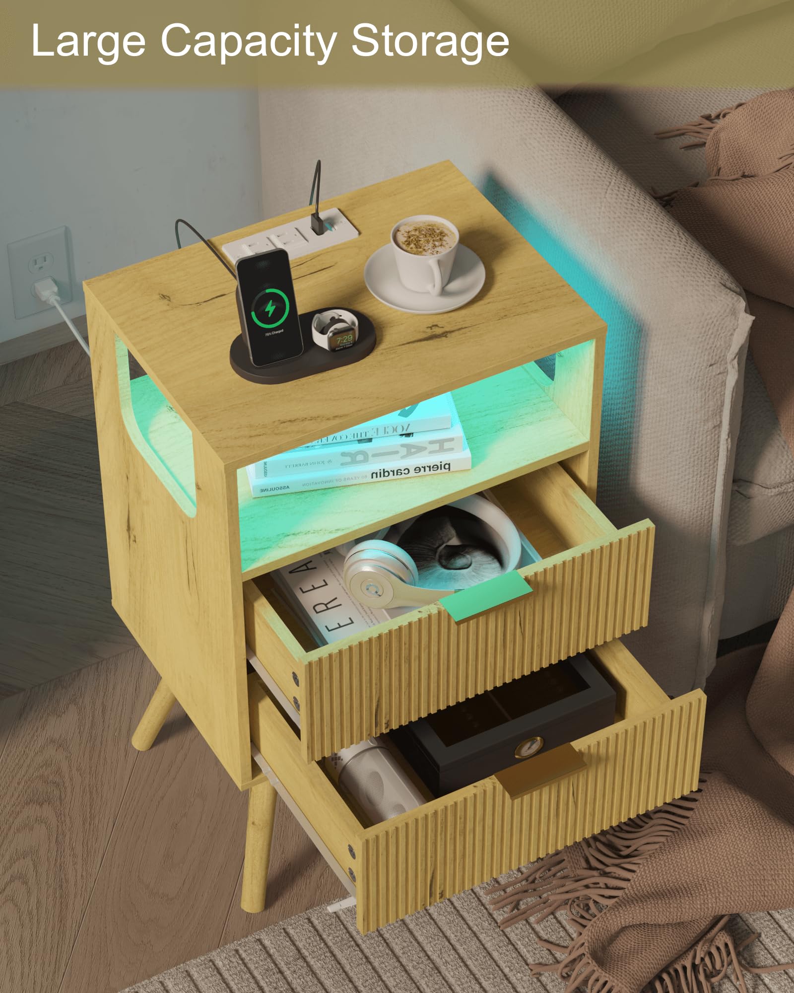 JOONEE Black Nightstand with Charging Station and LED Lights,Modern Bedside Table with 2 Storage Drawer and Open Wood Shelf, for Bedroom and Small Spaces,Night Stand with Solid Wood Legs,Black