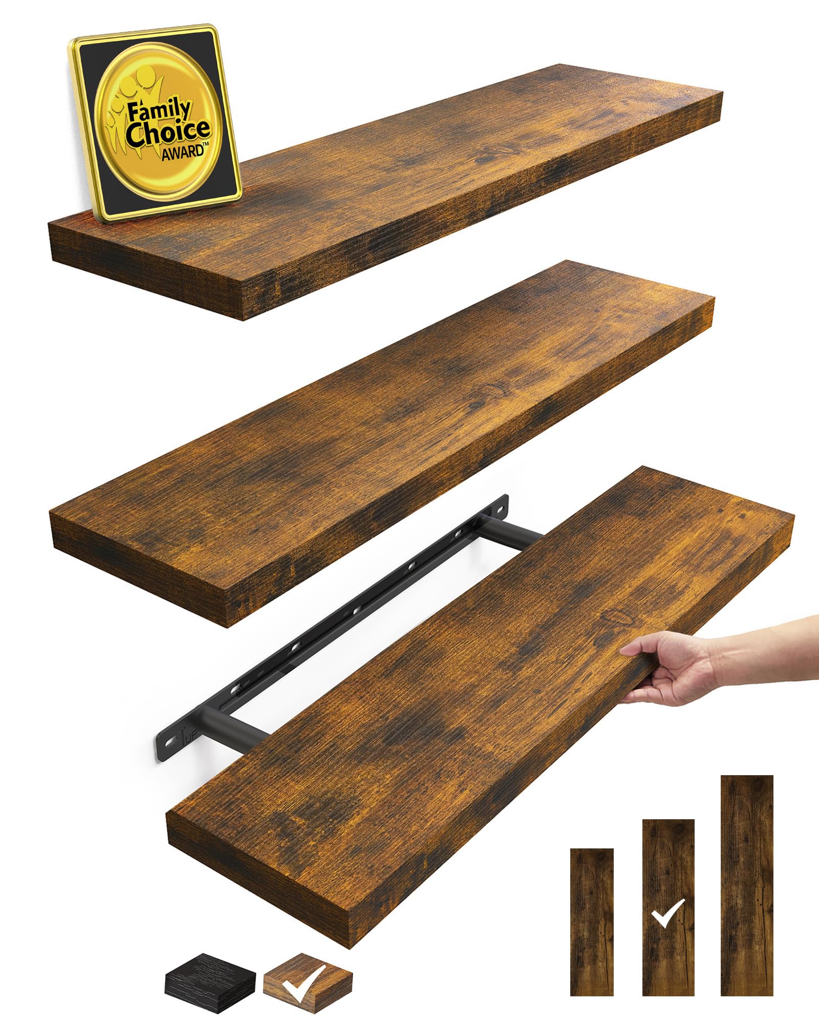 BAYKA Floating Shelves for Wall, Wall Mounted Rustic Wood Shelves for Bathroom, Bedroom, Living Room, Kitchen, Hanging Shelf for Books/Storage/Room Decor with 22lbs Capacity (Black, Set of 3, 15.7in)