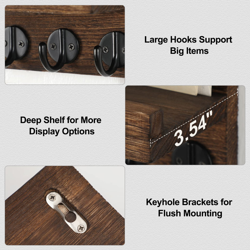 Lwenki Key Holder for Wall, Decorative Key and Mail Holder with Shelf Has Large Hooks for Bags, Coats, Umbrella – Paulownia Wood Key Hanger with Mounting Hardware (9.8”W x 6.7”H x 4.2”D)