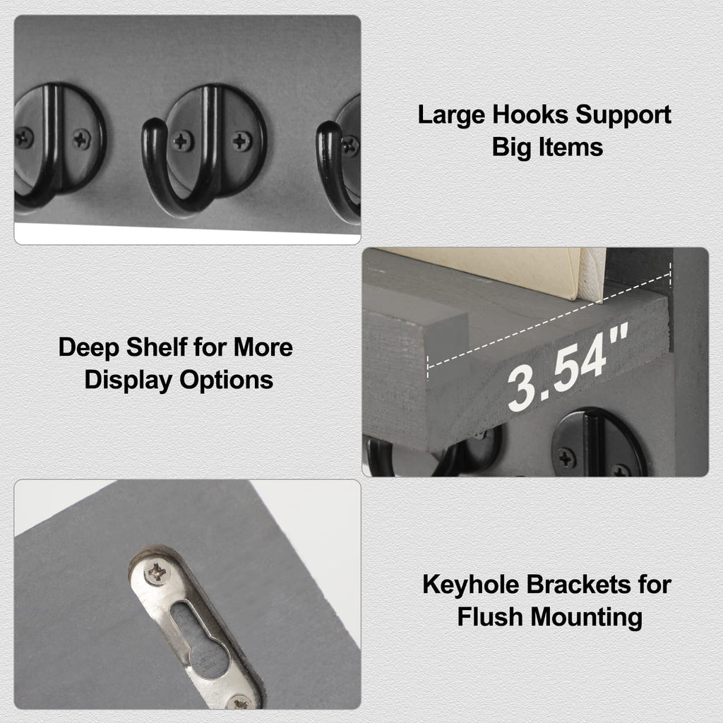 Lwenki Key Holder for Wall, Decorative Key and Mail Holder with Shelf Has Large Hooks for Bags, Coats, Umbrella – Paulownia Wood Key Hanger with Mounting Hardware (9.8”W x 6.7”H x 4.2”D)