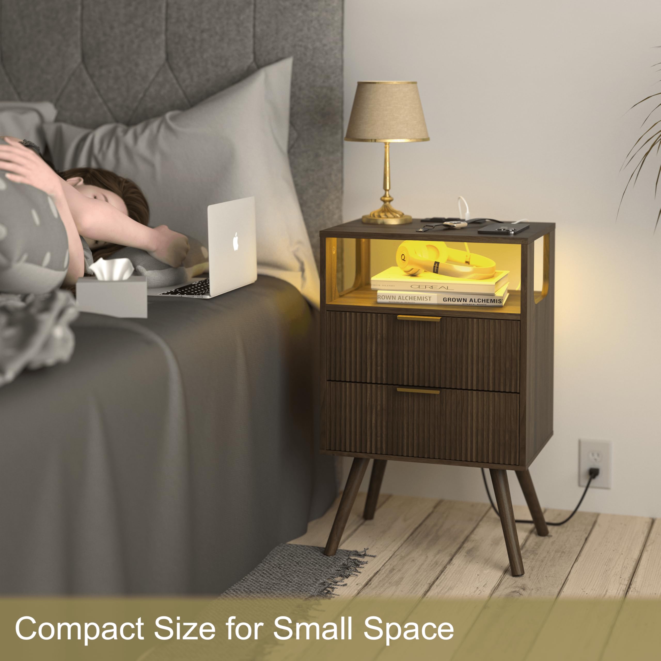 JOONEE Black Nightstand with Charging Station and LED Lights,Modern Bedside Table with 2 Storage Drawer and Open Wood Shelf, for Bedroom and Small Spaces,Night Stand with Solid Wood Legs,Black