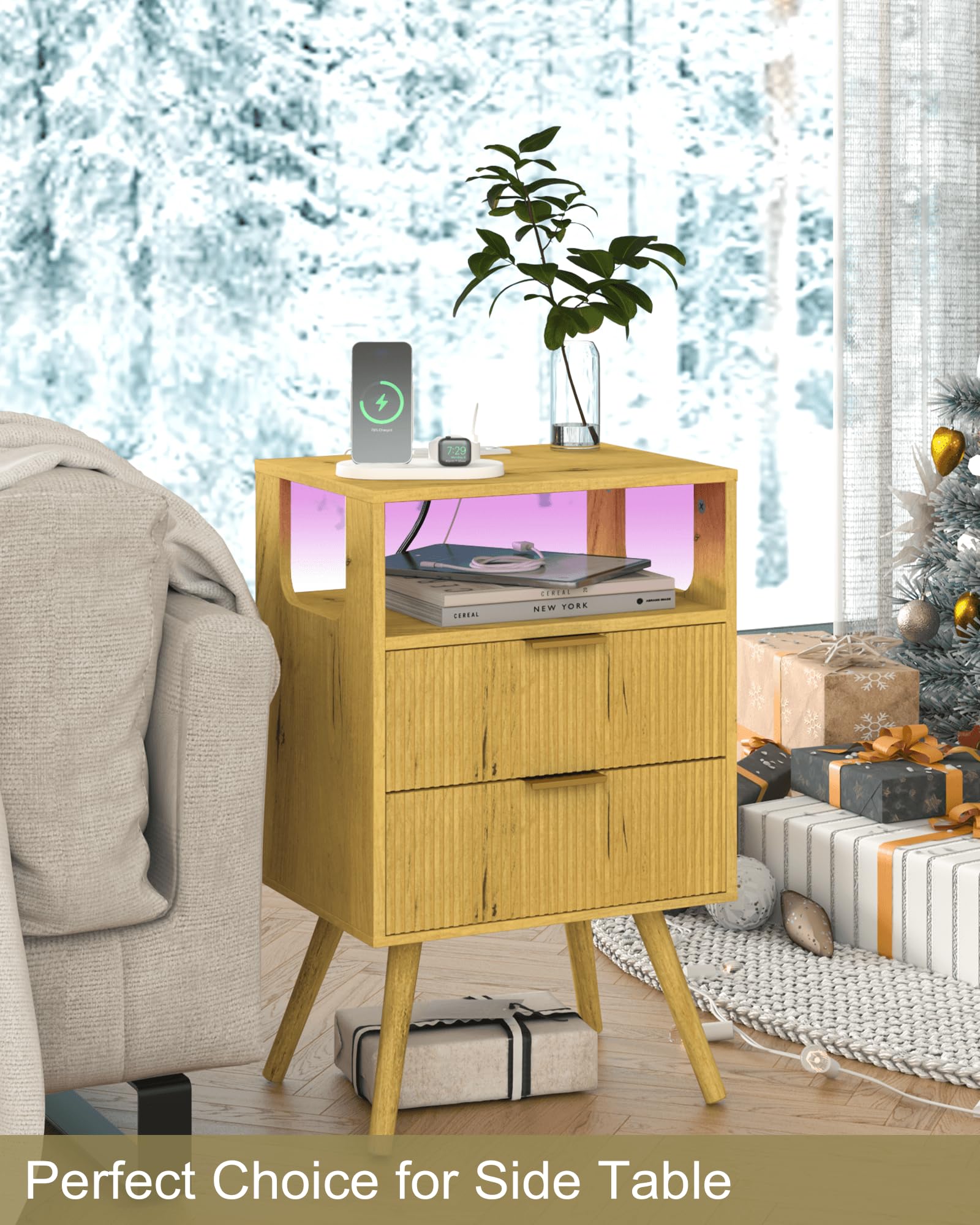 JOONEE Black Nightstand with Charging Station and LED Lights,Modern Bedside Table with 2 Storage Drawer and Open Wood Shelf, for Bedroom and Small Spaces,Night Stand with Solid Wood Legs,Black