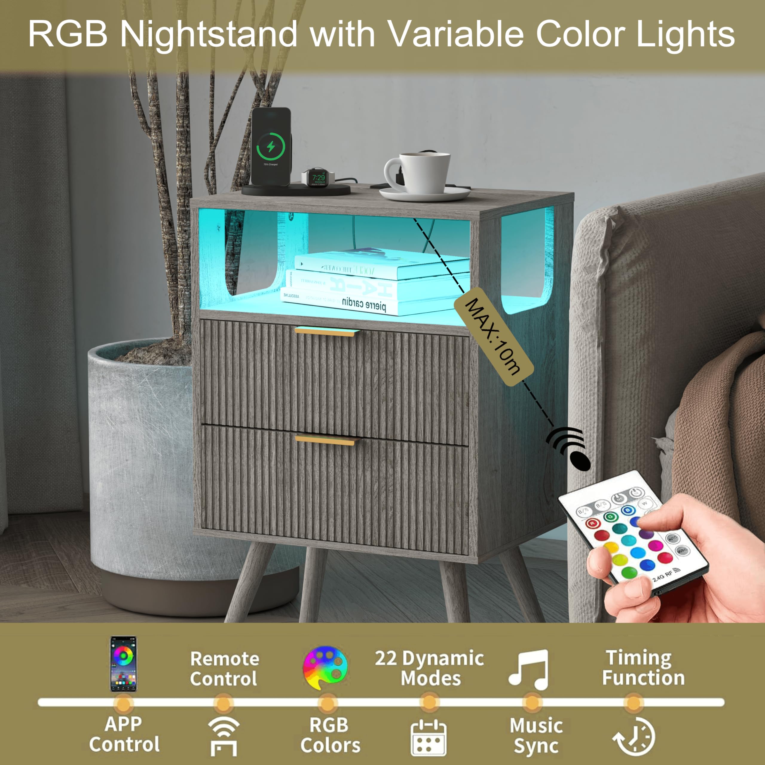 JOONEE Black Nightstand with Charging Station and LED Lights,Modern Bedside Table with 2 Storage Drawer and Open Wood Shelf, for Bedroom and Small Spaces,Night Stand with Solid Wood Legs,Black