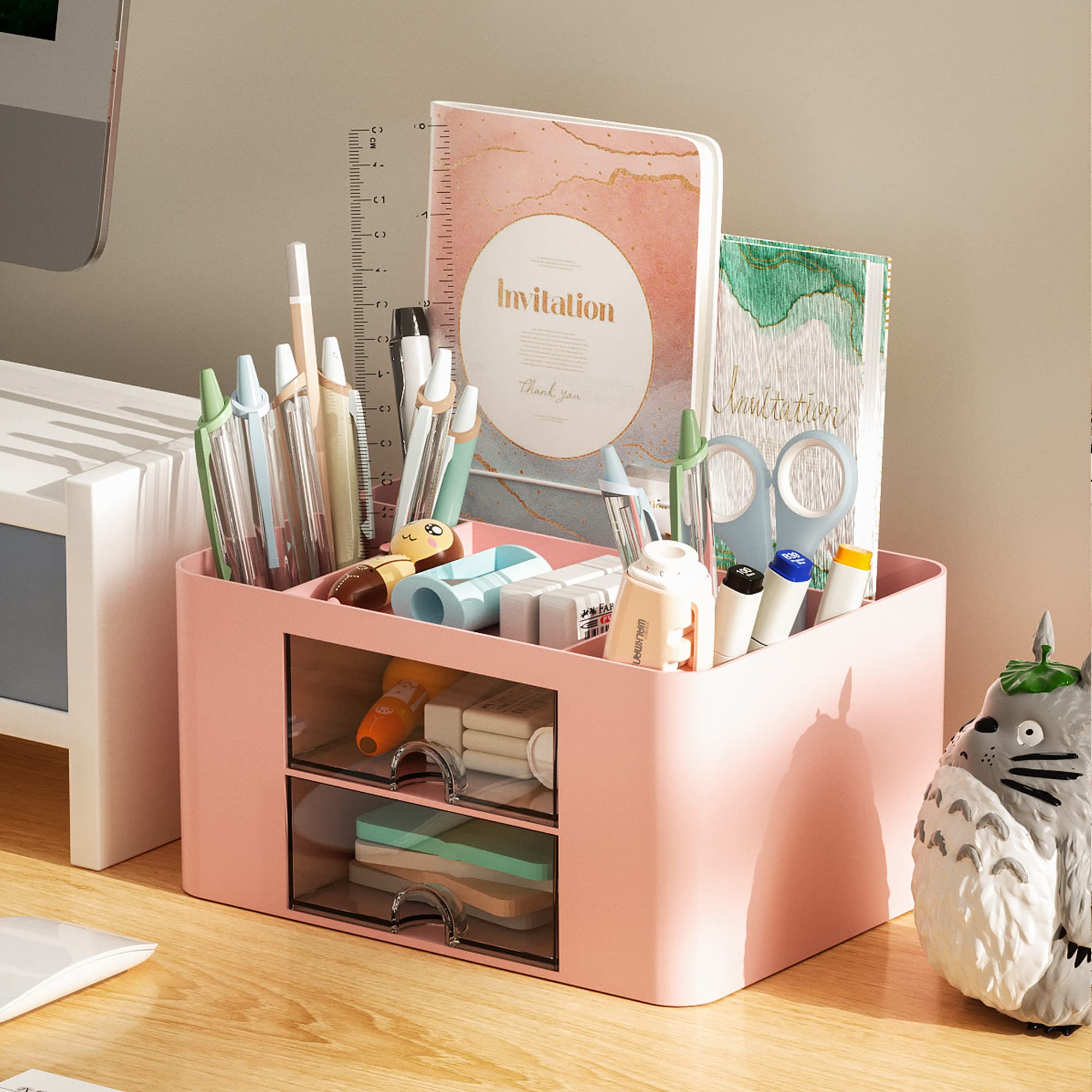 Marbrasse Pen Organizer with 2 Drawer, Multi-Functional Pencil Holder for Desk, Desk Organizers and Accessories with 5 Compartments + Drawer for Office Art Supplies (White)