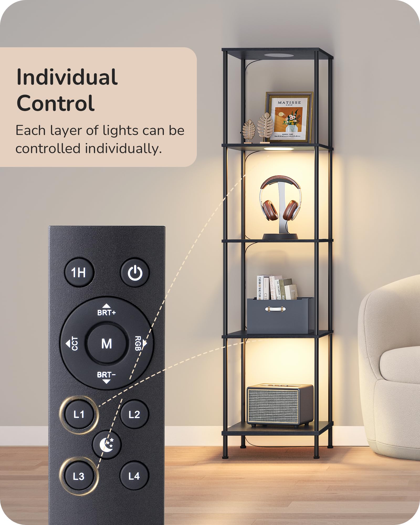 EDISHINE RGBW Modern Floor Lamp, 5-Tier Display Shelf with Light, Adjustable Brightness & Color Temperature, 3 Lighting Modes, Remote Control, Stable Floor Lamps for Living Room, Bedroom, Study, Black