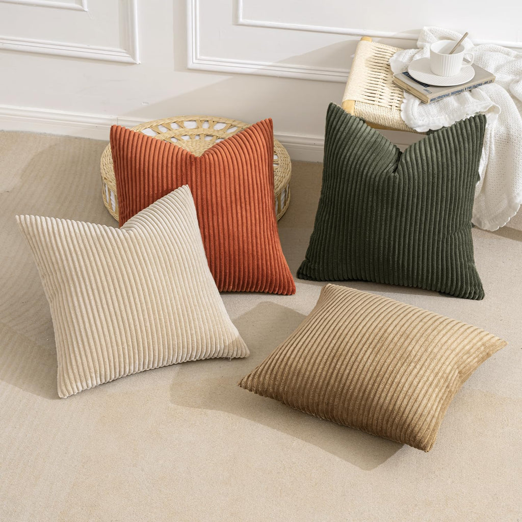 MIULEE Boho Farmhouse Sage Green Throw Pillow Covers 18x18 Inch Set of 4 Mordern Nordic Cushion Covers Soft Corduroy Spring Home Decor for Couch Bed Sofa Living Room Forest Green