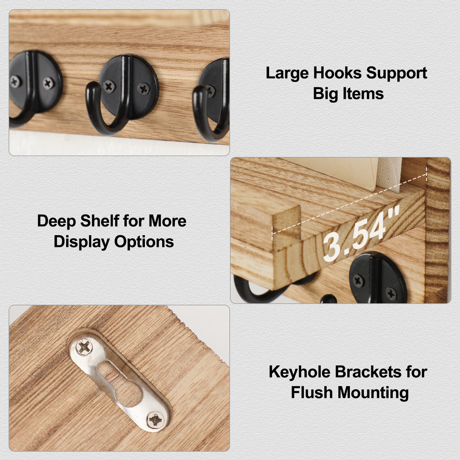 Lwenki Key Holder for Wall, Decorative Key and Mail Holder with Shelf Has Large Hooks for Bags, Coats, Umbrella – Paulownia Wood Key Hanger with Mounting Hardware (9.8”W x 6.7”H x 4.2”D)