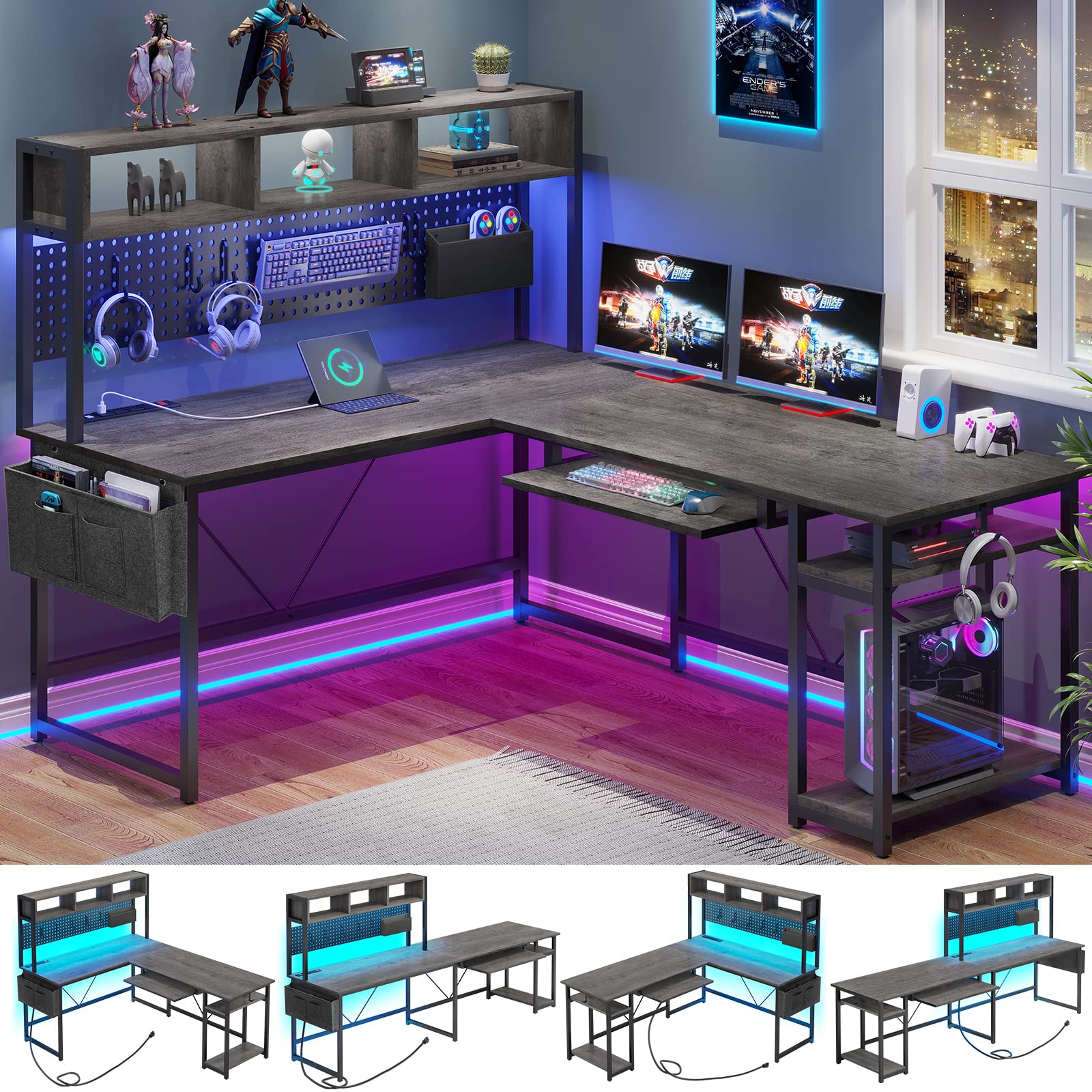SEDETA L Shaped Gaming Desk, Reversible Computer Desk with Power Outlet and Pegboard, Gaming Desk with Led Lights, Keyboard Tray and Storage Bag for Home Office, Black