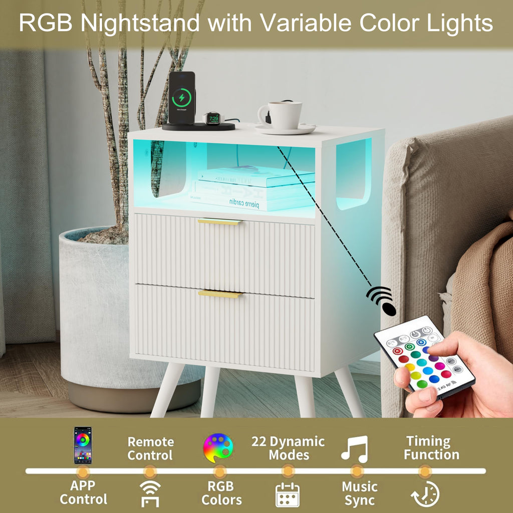 JOONEE Black Nightstand with Charging Station and LED Lights,Modern Bedside Table with 2 Storage Drawer and Open Wood Shelf, for Bedroom and Small Spaces,Night Stand with Solid Wood Legs,Black