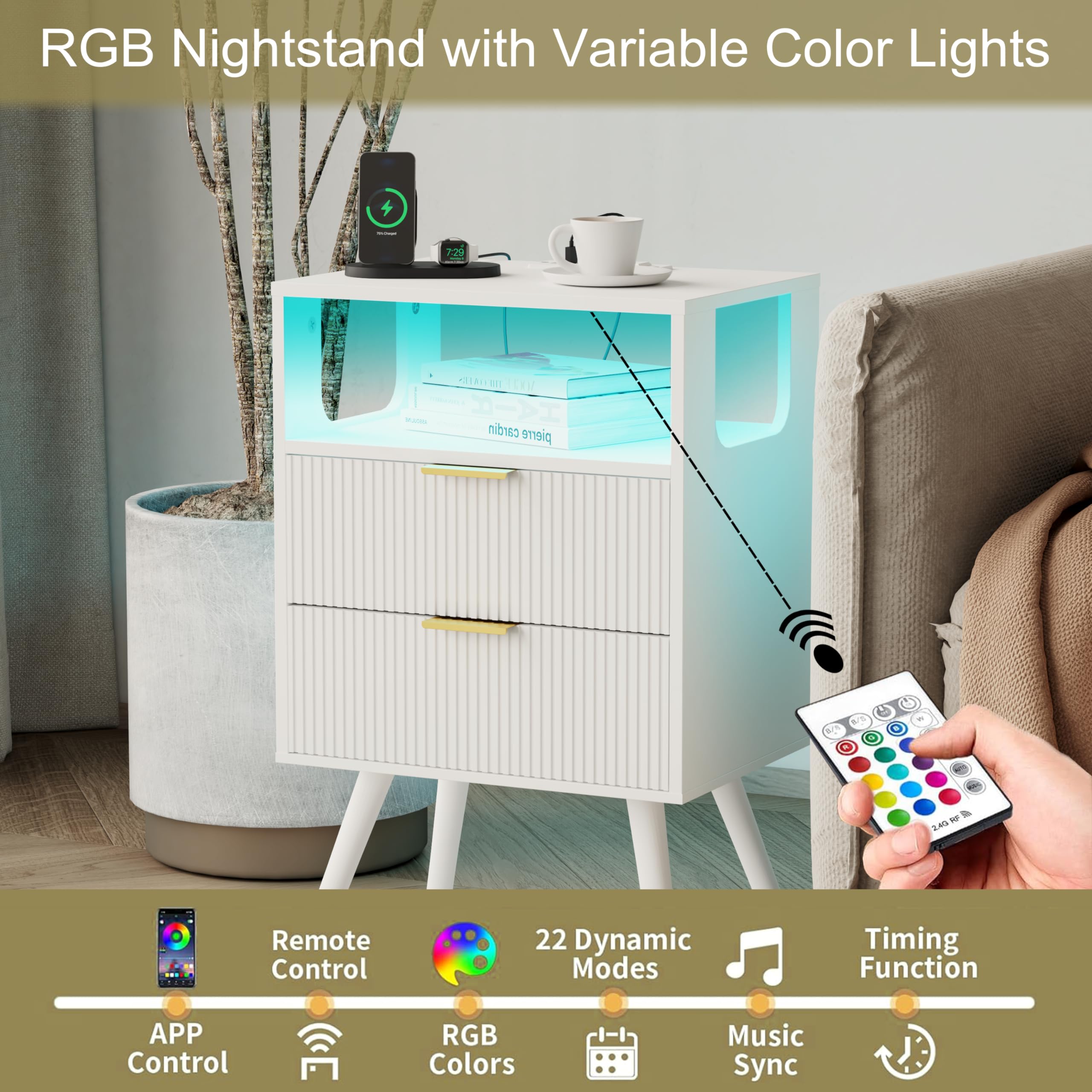 JOONEE Black Nightstand with Charging Station and LED Lights,Modern Bedside Table with 2 Storage Drawer and Open Wood Shelf, for Bedroom and Small Spaces,Night Stand with Solid Wood Legs,Black