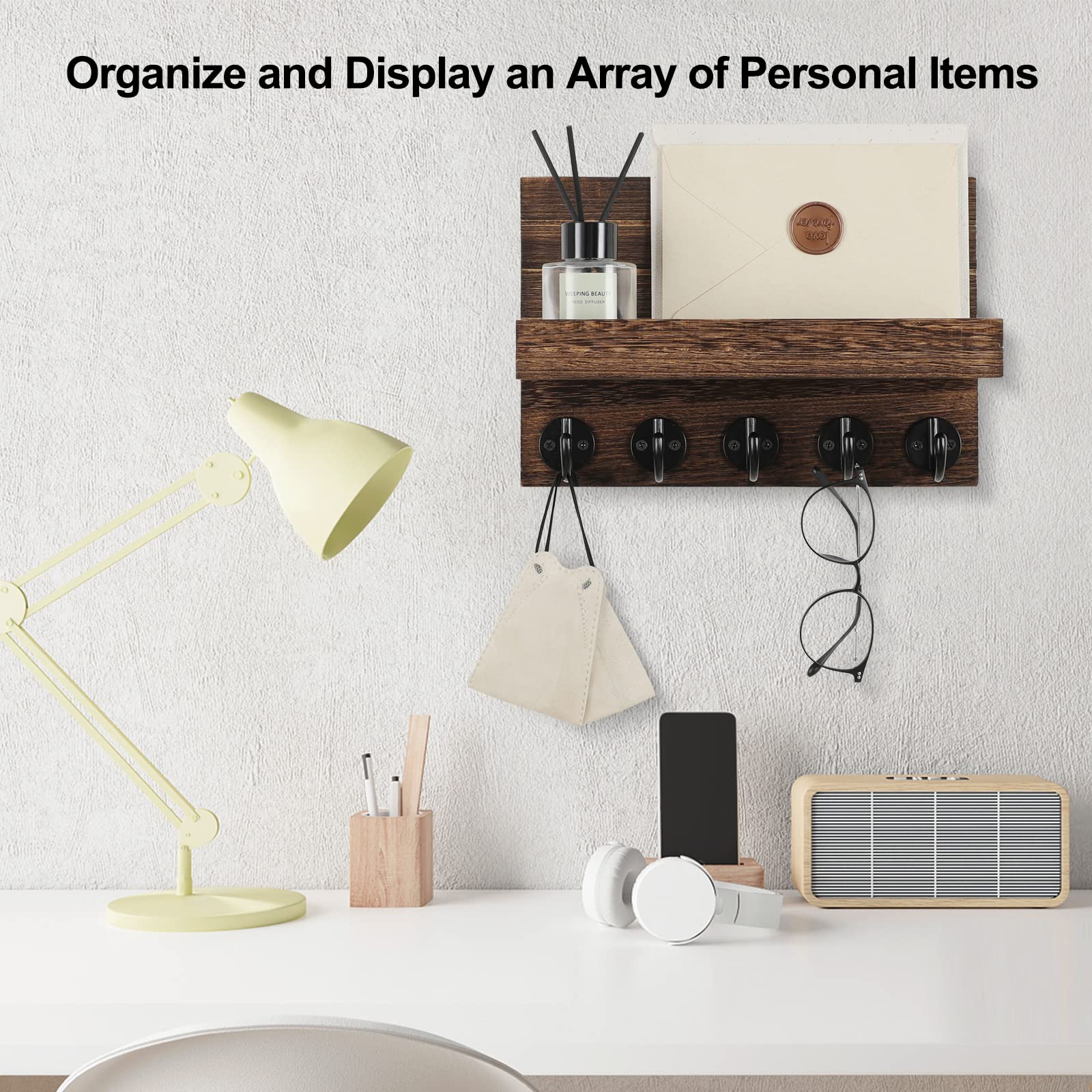 Lwenki Key Holder for Wall, Decorative Key and Mail Holder with Shelf Has Large Hooks for Bags, Coats, Umbrella – Paulownia Wood Key Hanger with Mounting Hardware (9.8”W x 6.7”H x 4.2”D)