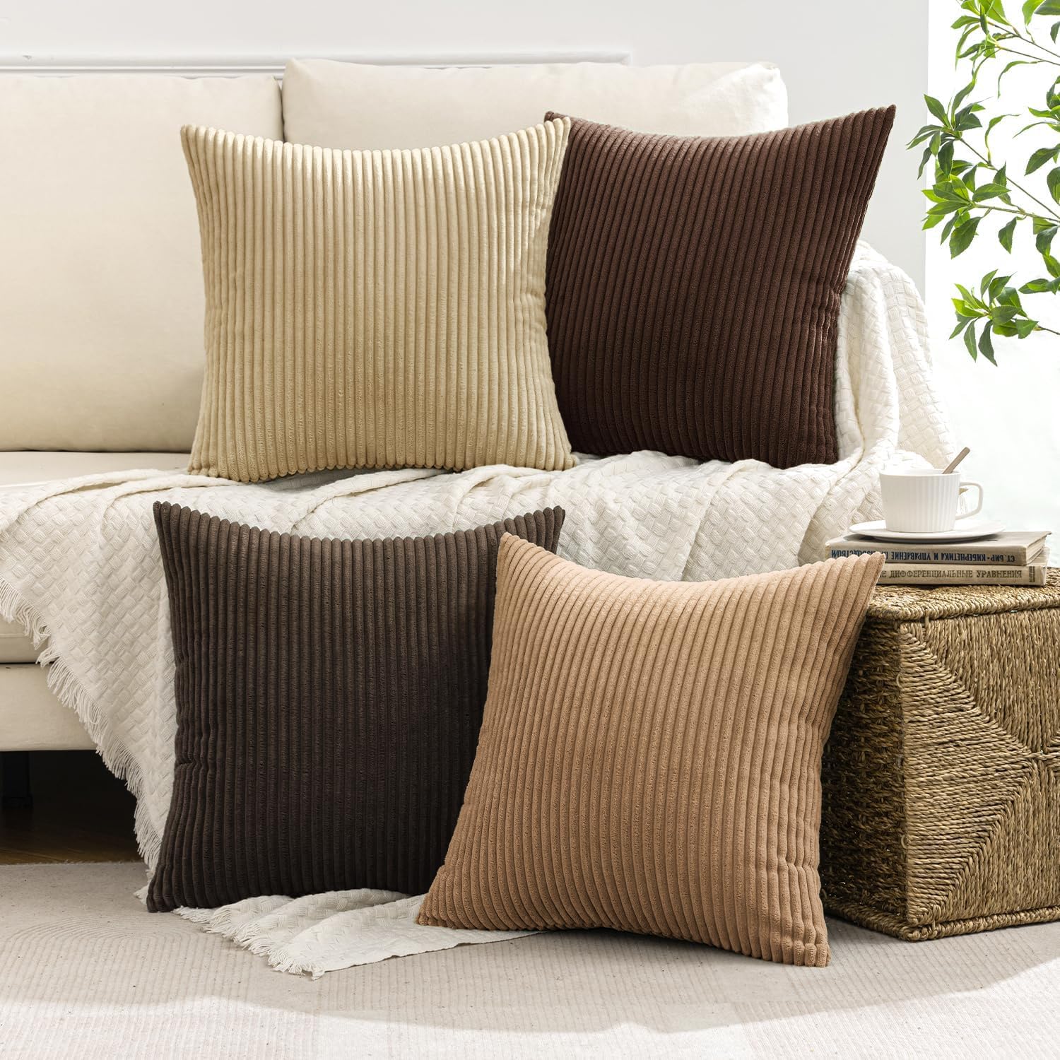 MIULEE Boho Farmhouse Sage Green Throw Pillow Covers 18x18 Inch Set of 4 Mordern Nordic Cushion Covers Soft Corduroy Spring Home Decor for Couch Bed Sofa Living Room Forest Green