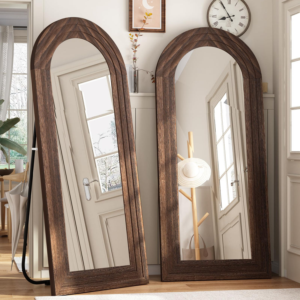 ZHUNFA Arched Full Length Mirror with Solid Wood Frame, 71x32 Farmhouse Wall Mounted Floor Mirror with Stand, Vertical Hanging, Leaning Standing for Bedroom, Living Room, Brown