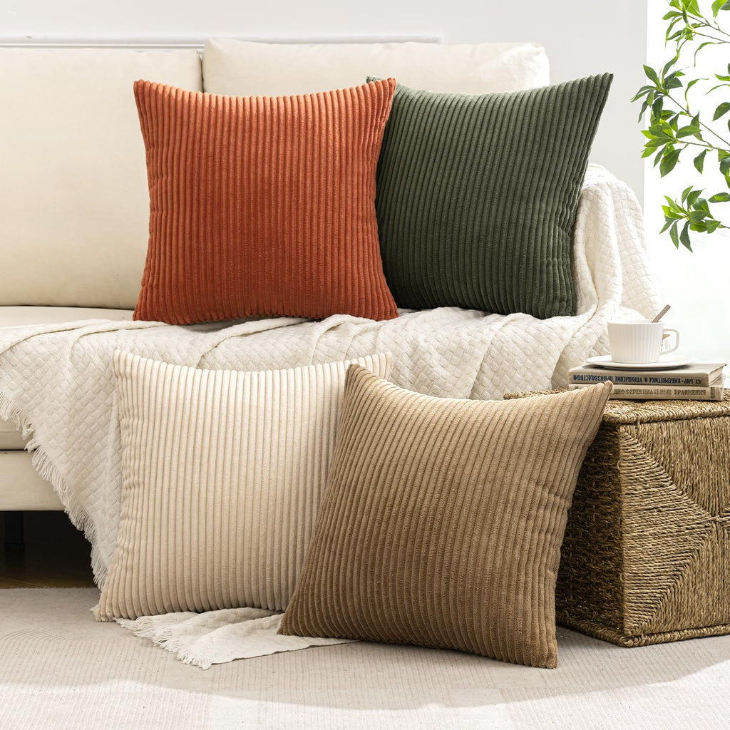 MIULEE Boho Farmhouse Sage Green Throw Pillow Covers 18x18 Inch Set of 4 Mordern Nordic Cushion Covers Soft Corduroy Spring Home Decor for Couch Bed Sofa Living Room Forest Green