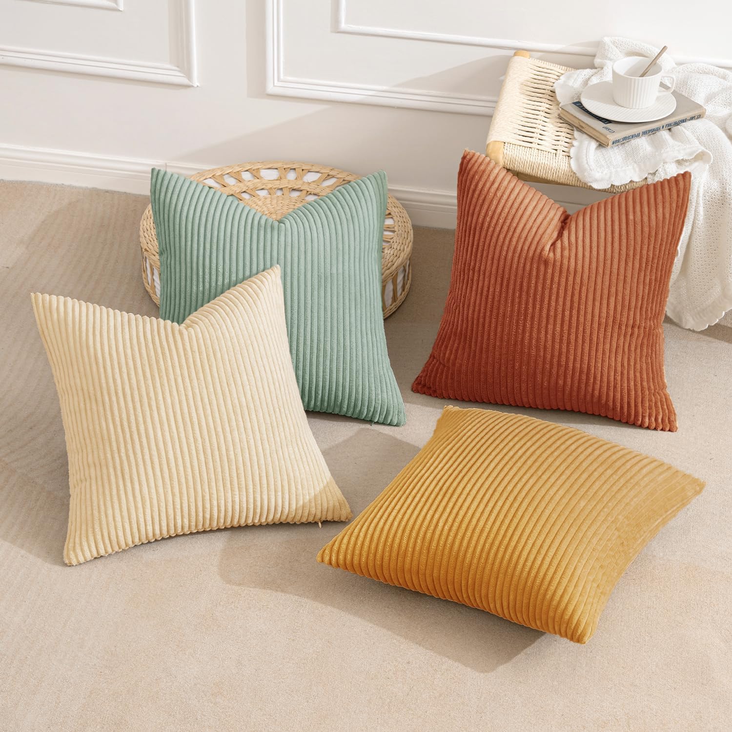 MIULEE Boho Farmhouse Sage Green Throw Pillow Covers 18x18 Inch Set of 4 Mordern Nordic Cushion Covers Soft Corduroy Spring Home Decor for Couch Bed Sofa Living Room Forest Green