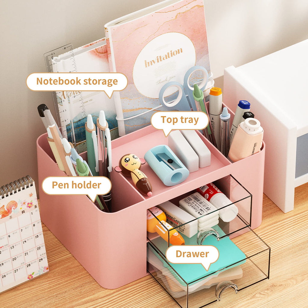 Marbrasse Pen Organizer with 2 Drawer, Multi-Functional Pencil Holder for Desk, Desk Organizers and Accessories with 5 Compartments + Drawer for Office Art Supplies (White)