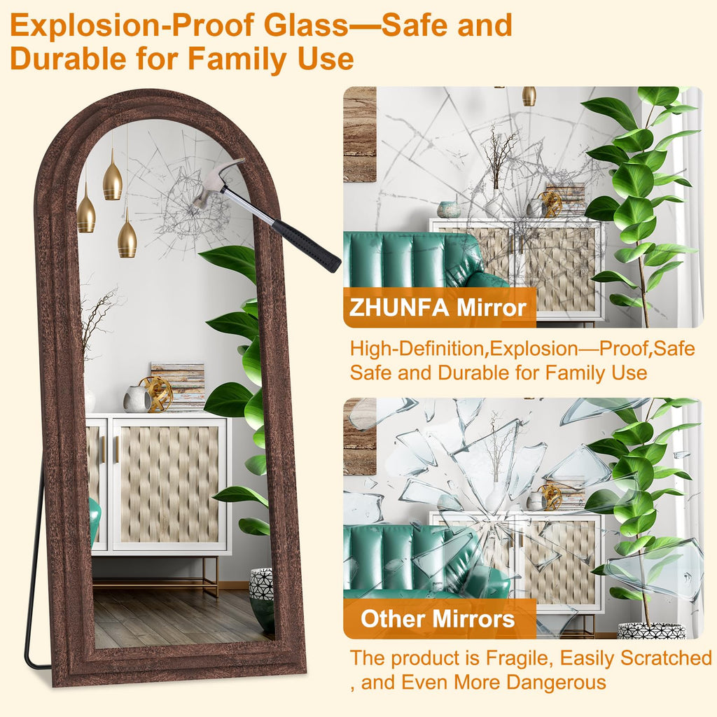 ZHUNFA Arched Full Length Mirror with Solid Wood Frame, 71x32 Farmhouse Wall Mounted Floor Mirror with Stand, Vertical Hanging, Leaning Standing for Bedroom, Living Room, Brown