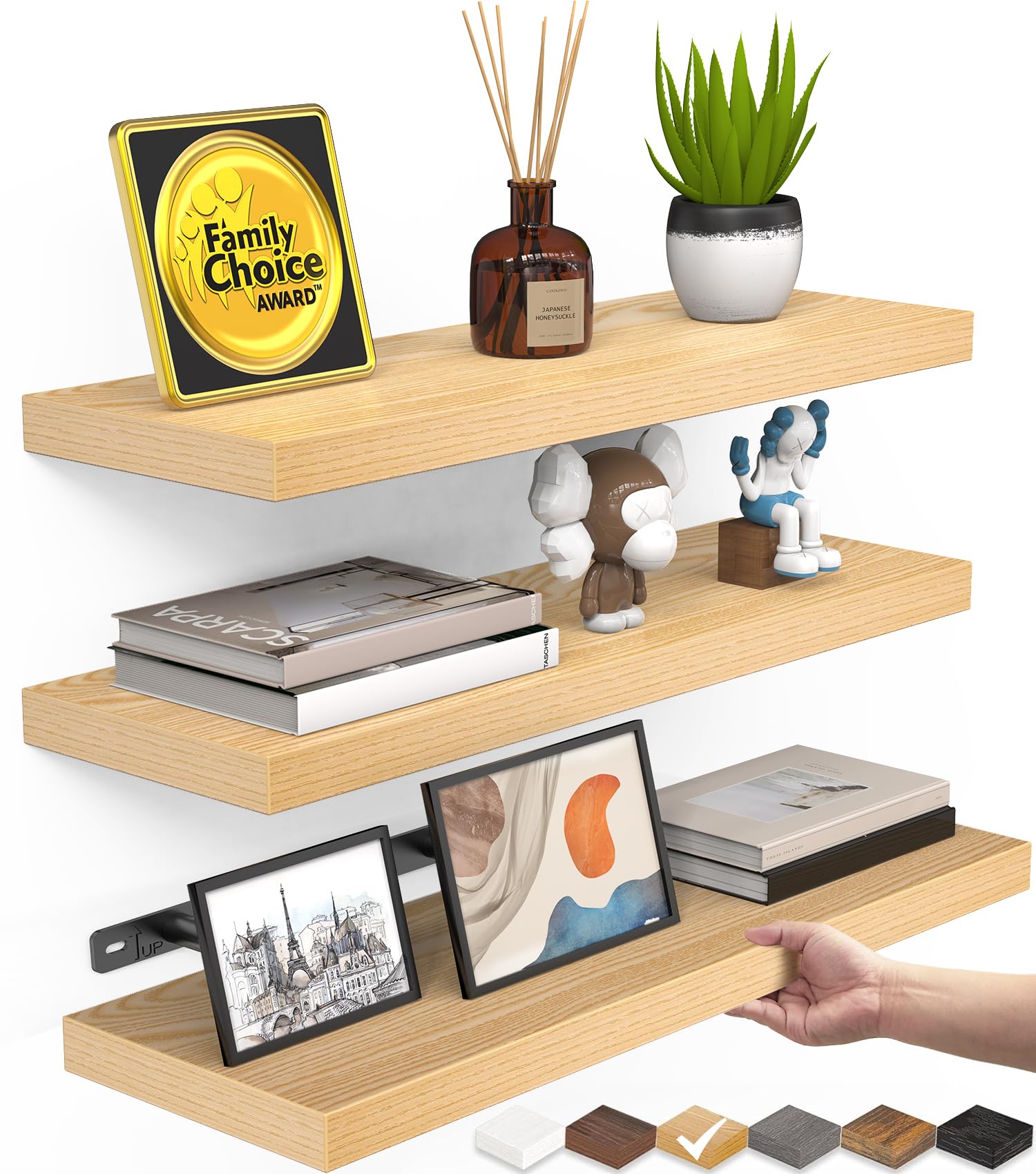 BAYKA Floating Shelves for Wall, Wall Mounted Rustic Wood Shelves for Bathroom, Bedroom, Living Room, Kitchen, Hanging Shelf for Books/Storage/Room Decor with 22lbs Capacity (Black, Set of 3, 15.7in)