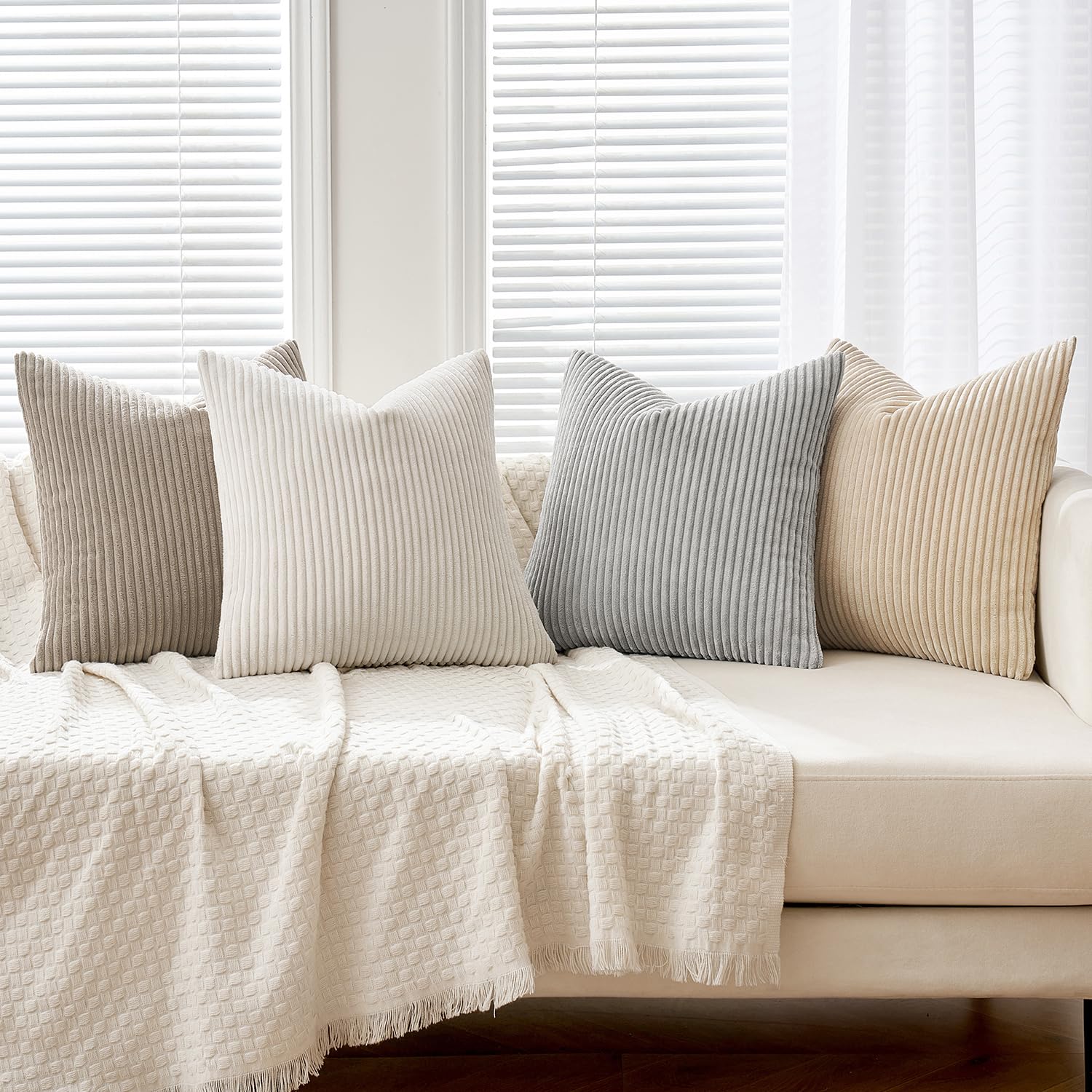 MIULEE Boho Farmhouse Sage Green Throw Pillow Covers 18x18 Inch Set of 4 Mordern Nordic Cushion Covers Soft Corduroy Spring Home Decor for Couch Bed Sofa Living Room Forest Green