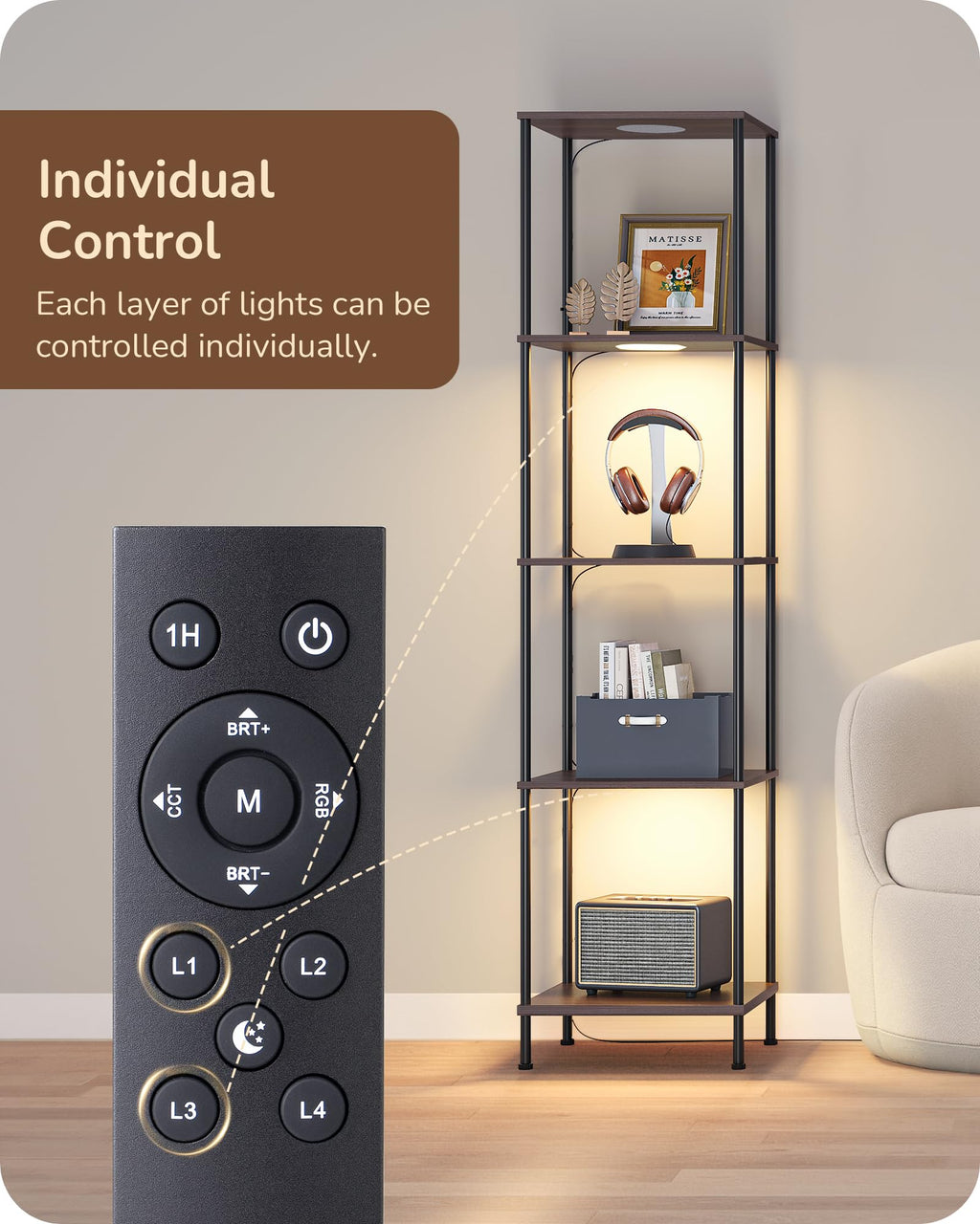 EDISHINE RGBW Modern Floor Lamp, 5-Tier Display Shelf with Light, Adjustable Brightness & Color Temperature, 3 Lighting Modes, Remote Control, Stable Floor Lamps for Living Room, Bedroom, Study, Black