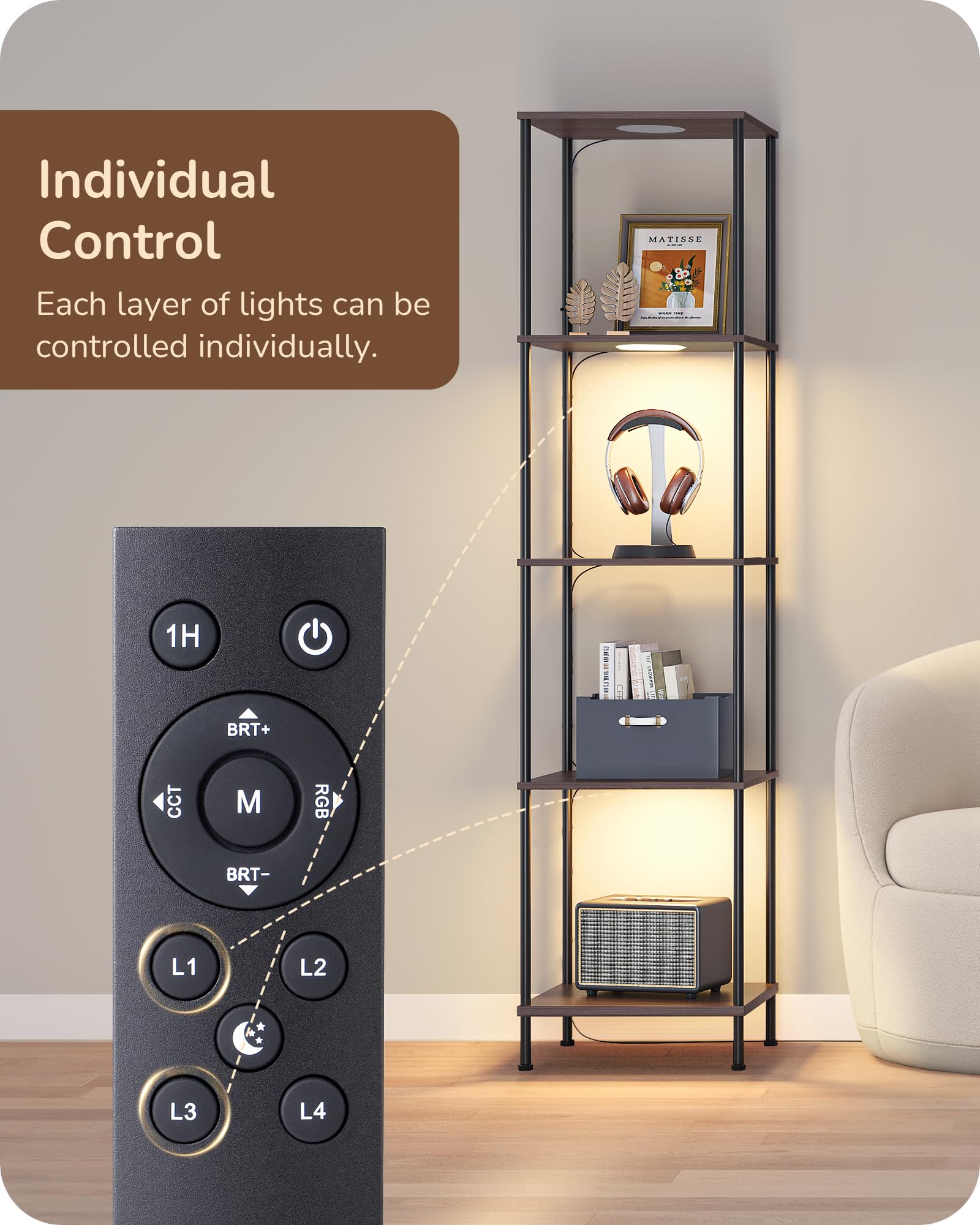 EDISHINE RGBW Modern Floor Lamp, 5-Tier Display Shelf with Light, Adjustable Brightness & Color Temperature, 3 Lighting Modes, Remote Control, Stable Floor Lamps for Living Room, Bedroom, Study, Black