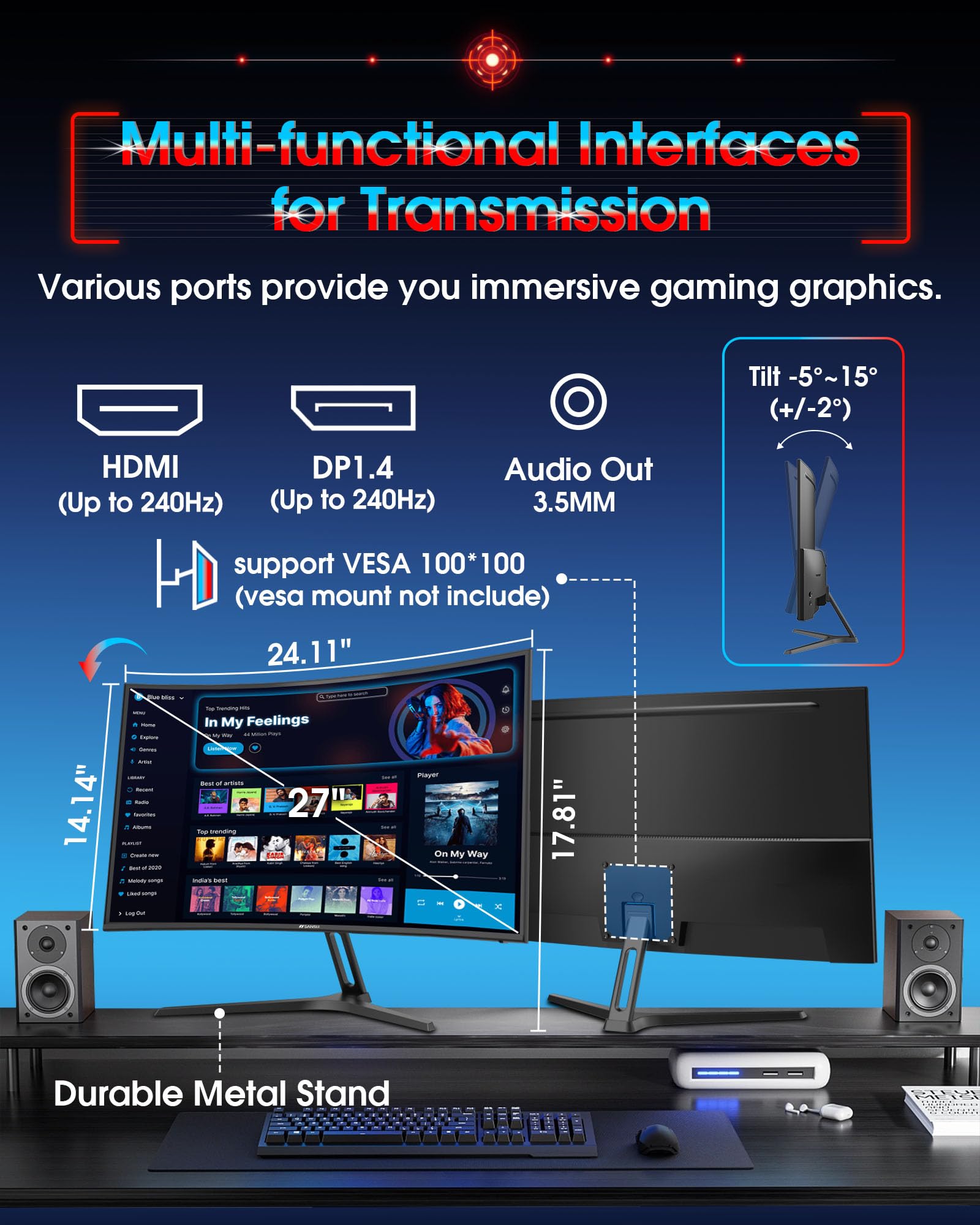 SANSUI 27 Inch Curved 240Hz Gaming Monitor FHD 1080P, 1500R Curve Computer Monitor, 130% sRGB, 4000:1 Contrast, HDR, FreeSync, MPRT 1Ms, Low Blue Light, HDMI DP Ports, Metal Stand, DP Cable Incl.