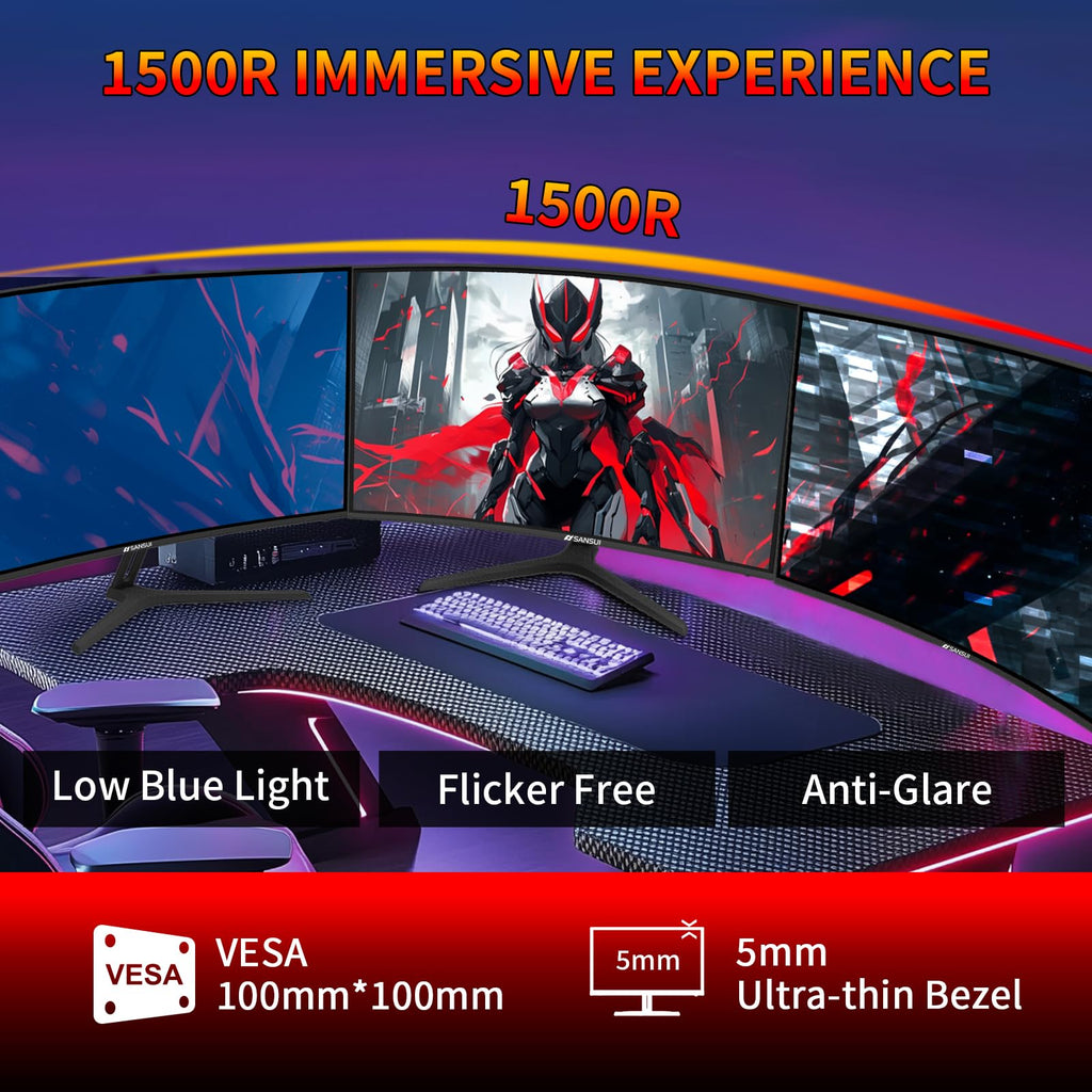 SANSUI 27 Inch Curved 240Hz Gaming Monitor FHD 1080P, 1500R Curve Computer Monitor, 130% sRGB, 4000:1 Contrast, HDR, FreeSync, MPRT 1Ms, Low Blue Light, HDMI DP Ports, Metal Stand, DP Cable Incl.
