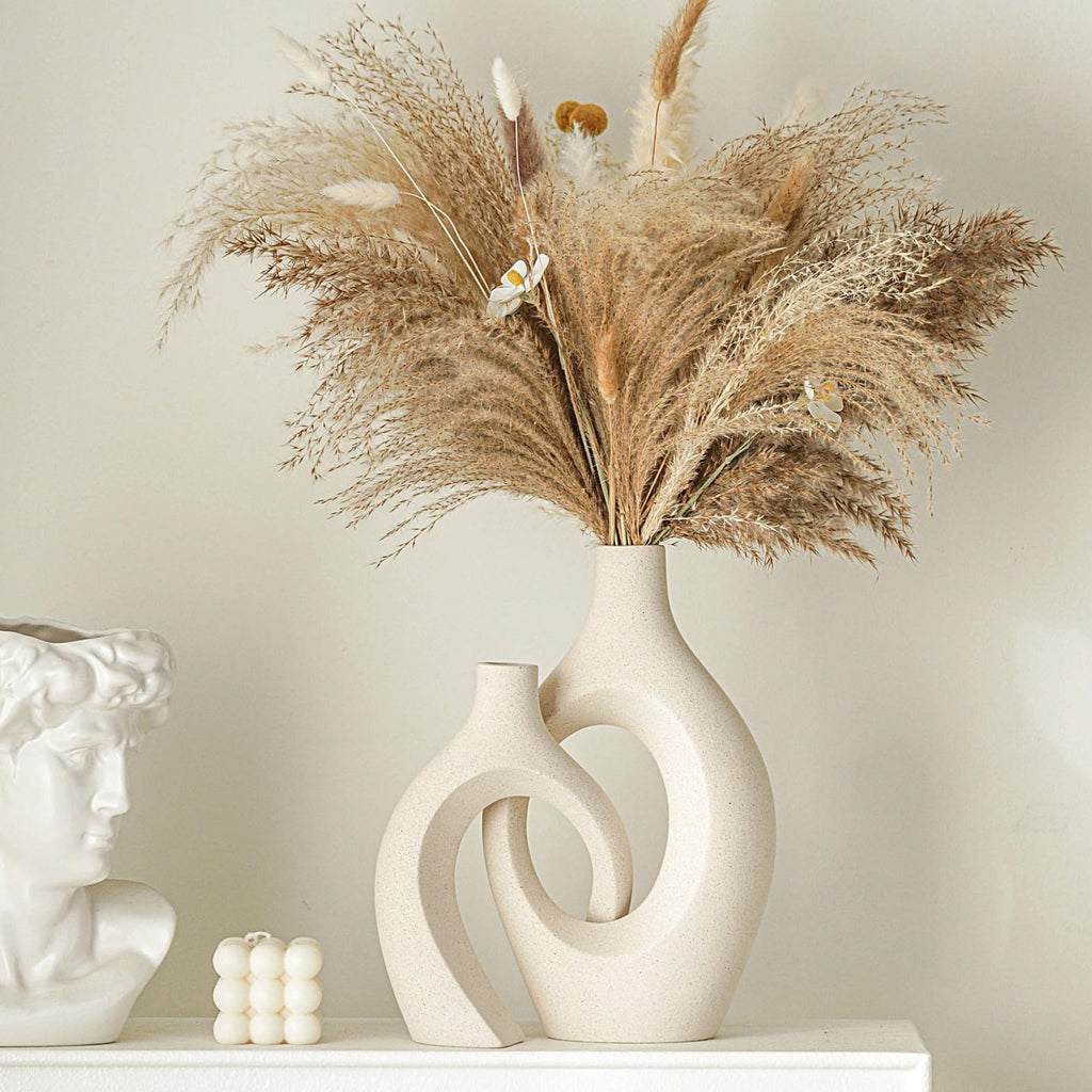 Lvases Snuggle Hollow Ceramic Vase Set of 2, Nordic Modern Boho ins Style Decorative Ceramic Aesthetic Flower Vase for Home Decor (Milky White W 6.3" X H 8.4")