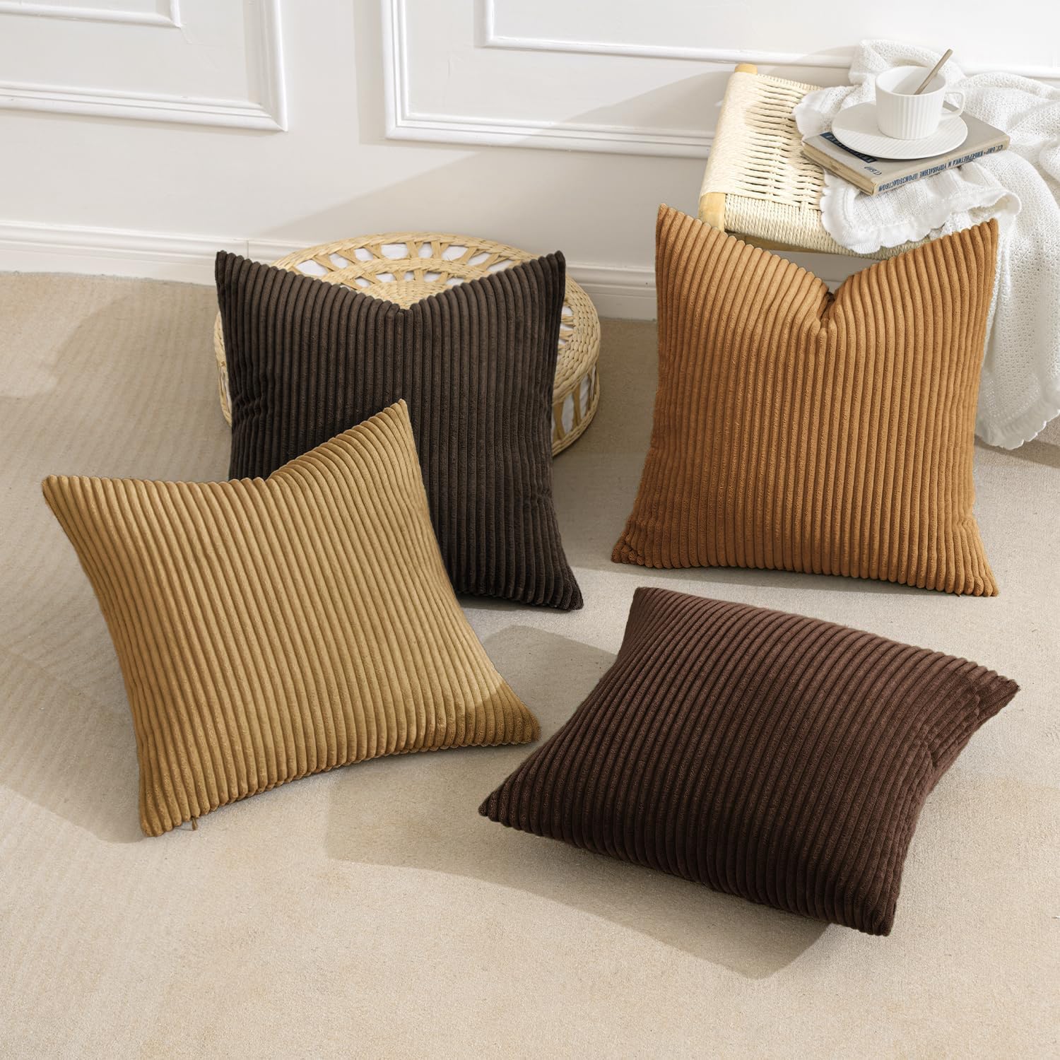 MIULEE Boho Farmhouse Sage Green Throw Pillow Covers 18x18 Inch Set of 4 Mordern Nordic Cushion Covers Soft Corduroy Spring Home Decor for Couch Bed Sofa Living Room Forest Green