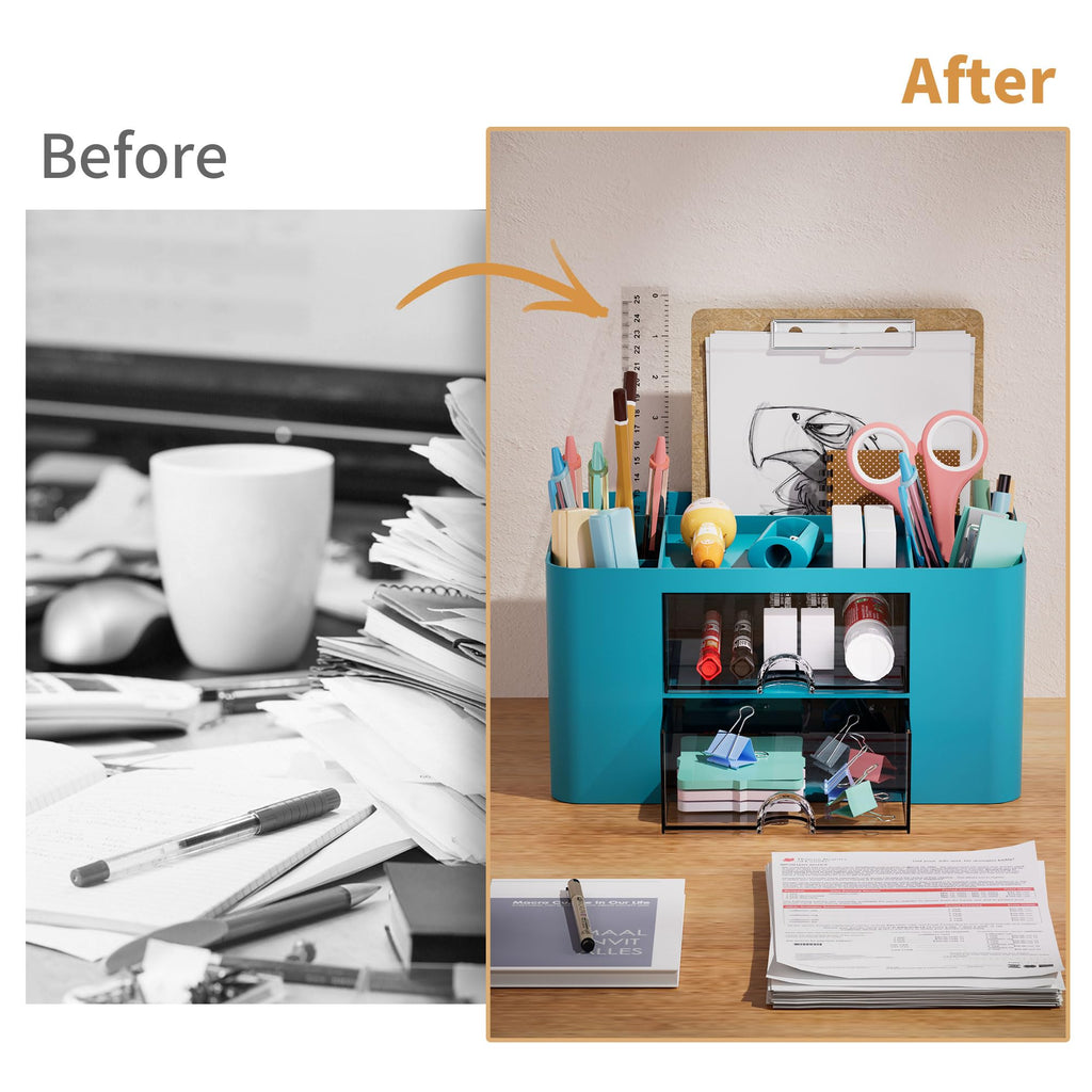 Marbrasse Pen Organizer with 2 Drawer, Multi-Functional Pencil Holder for Desk, Desk Organizers and Accessories with 5 Compartments + Drawer for Office Art Supplies (White)