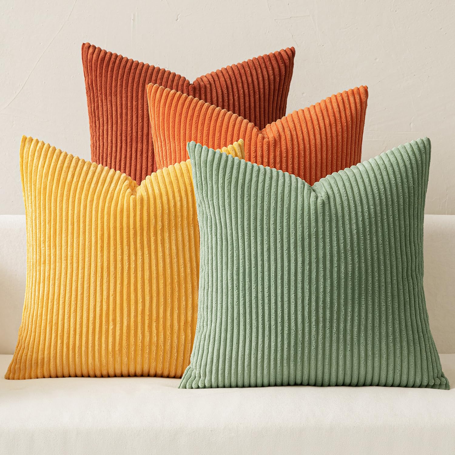 MIULEE Boho Farmhouse Sage Green Throw Pillow Covers 18x18 Inch Set of 4 Mordern Nordic Cushion Covers Soft Corduroy Spring Home Decor for Couch Bed Sofa Living Room Forest Green