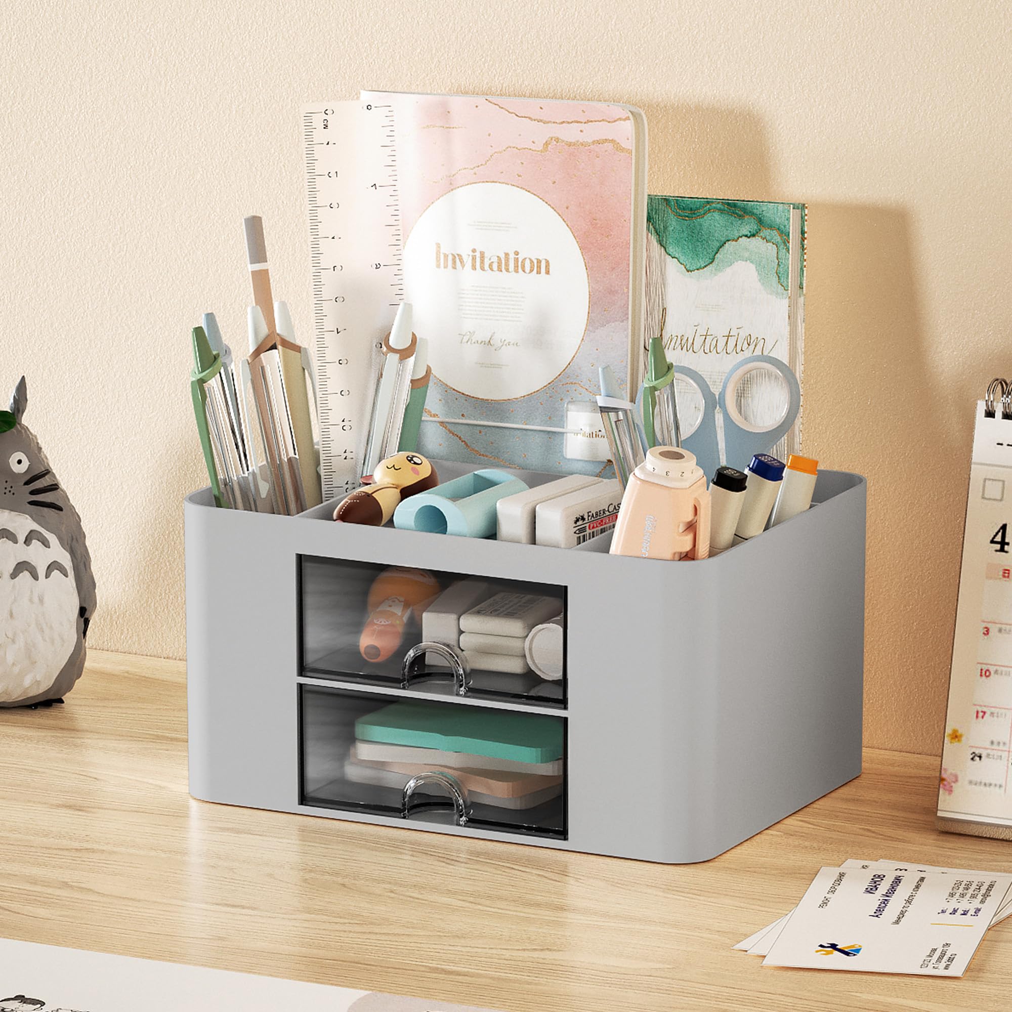 Marbrasse Pen Organizer with 2 Drawer, Multi-Functional Pencil Holder for Desk, Desk Organizers and Accessories with 5 Compartments + Drawer for Office Art Supplies (White)
