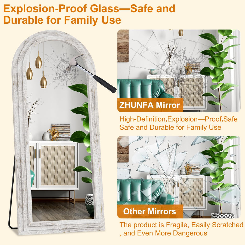 ZHUNFA Arched Full Length Mirror with Solid Wood Frame, 71x32 Farmhouse Wall Mounted Floor Mirror with Stand, Vertical Hanging, Leaning Standing for Bedroom, Living Room, Brown