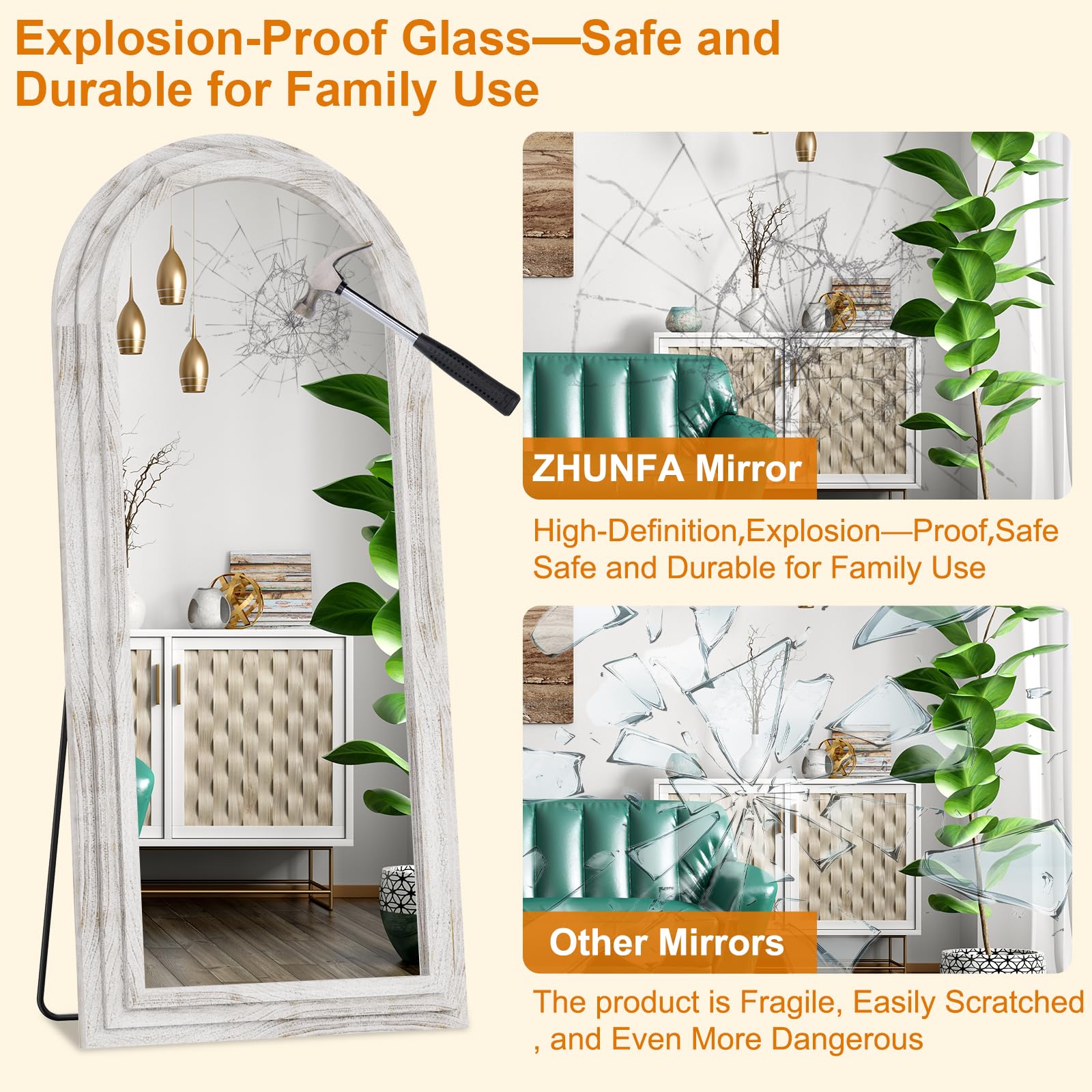 ZHUNFA Arched Full Length Mirror with Solid Wood Frame, 71x32 Farmhouse Wall Mounted Floor Mirror with Stand, Vertical Hanging, Leaning Standing for Bedroom, Living Room, Brown