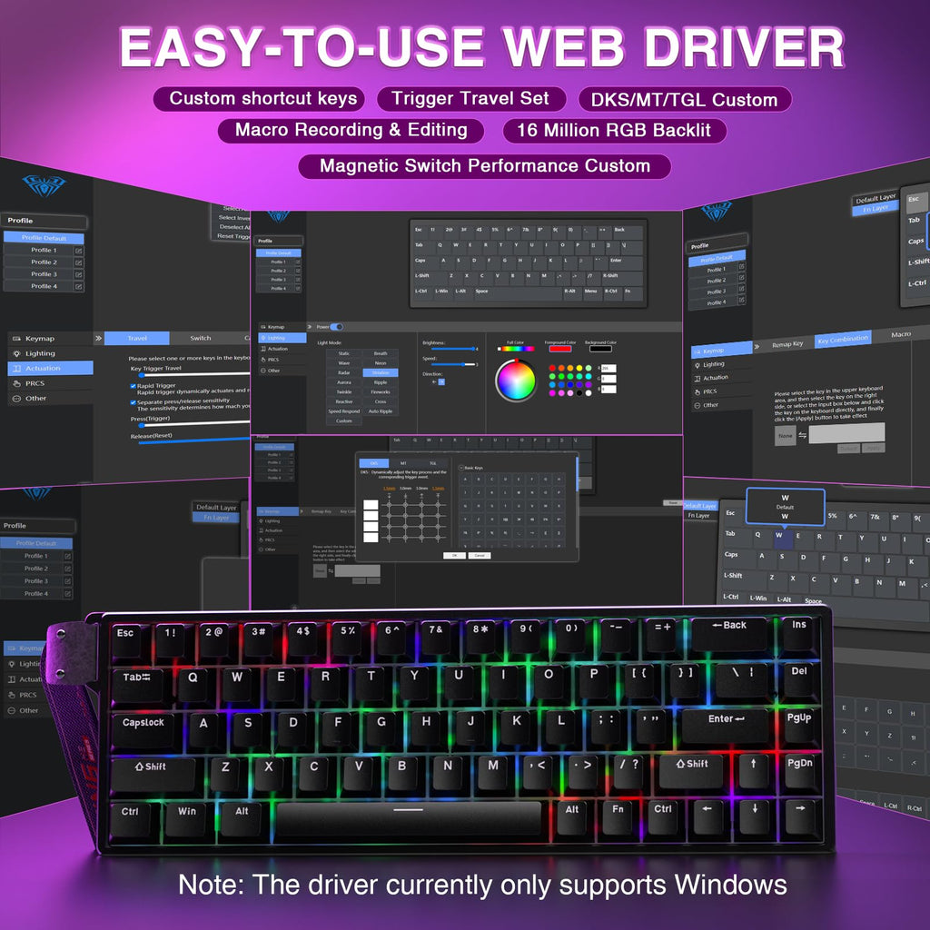 AULA WIN68 HE Mechanical Gaming Keyboard 60%, Hall Effect Magnetic Switch, Fast Trigger Mode Adjustable Actuation, 8000Hz Polling Rate, RGB Backlit, Wired Black Keyboard for Laptop/PC Gamer