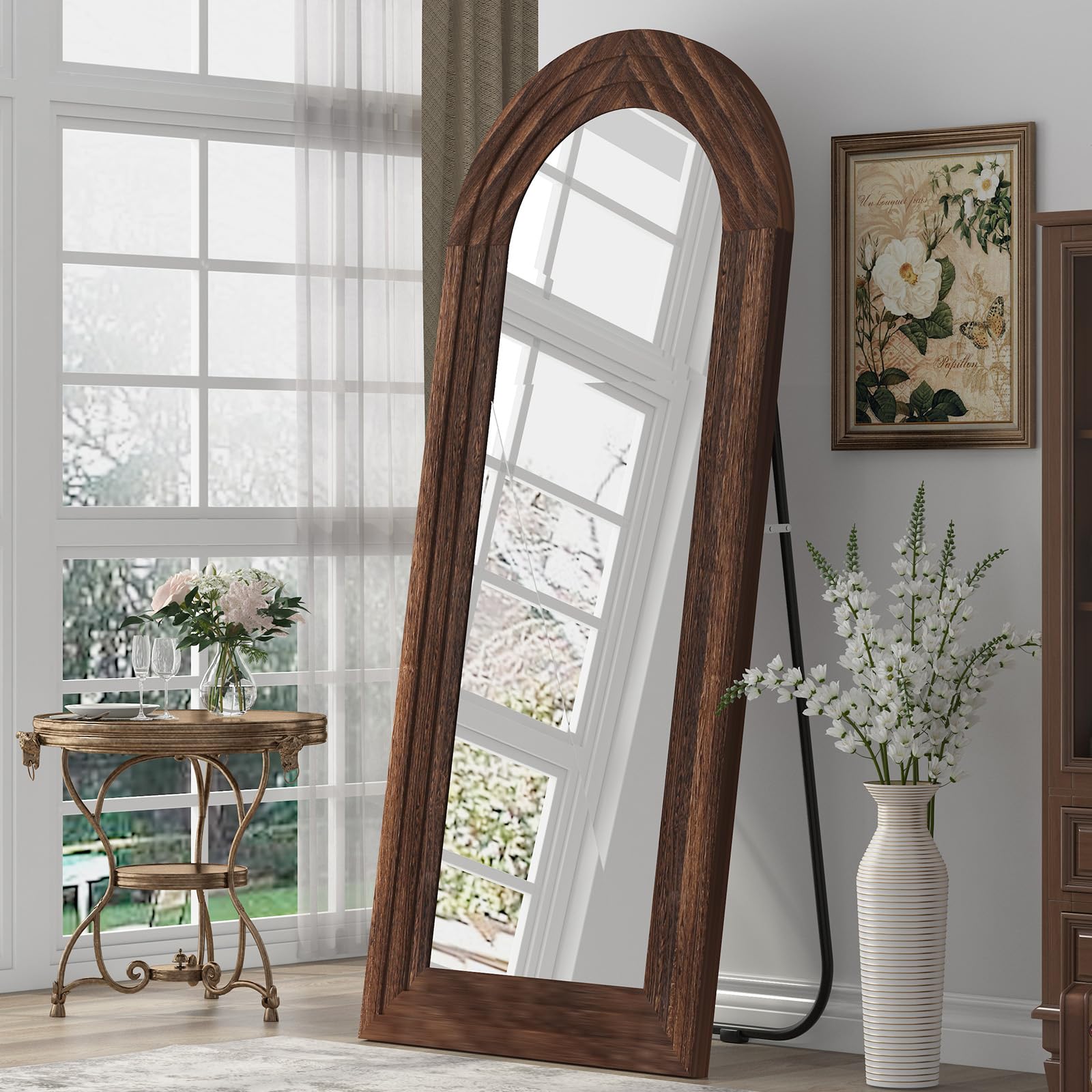 ZHUNFA Arched Full Length Mirror with Solid Wood Frame, 71x32 Farmhouse Wall Mounted Floor Mirror with Stand, Vertical Hanging, Leaning Standing for Bedroom, Living Room, Brown